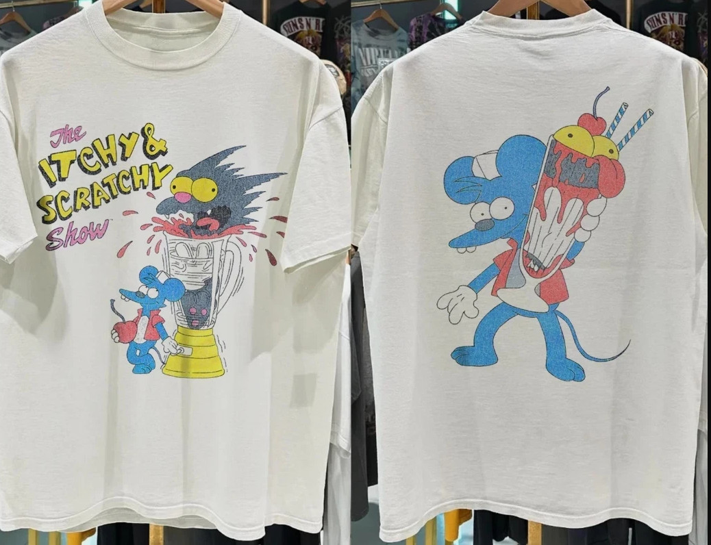 VINTAGE 1994 ITCHY & SCRATCHY THE MEAT GRINDER WHITE T-SHIRT S-5XL