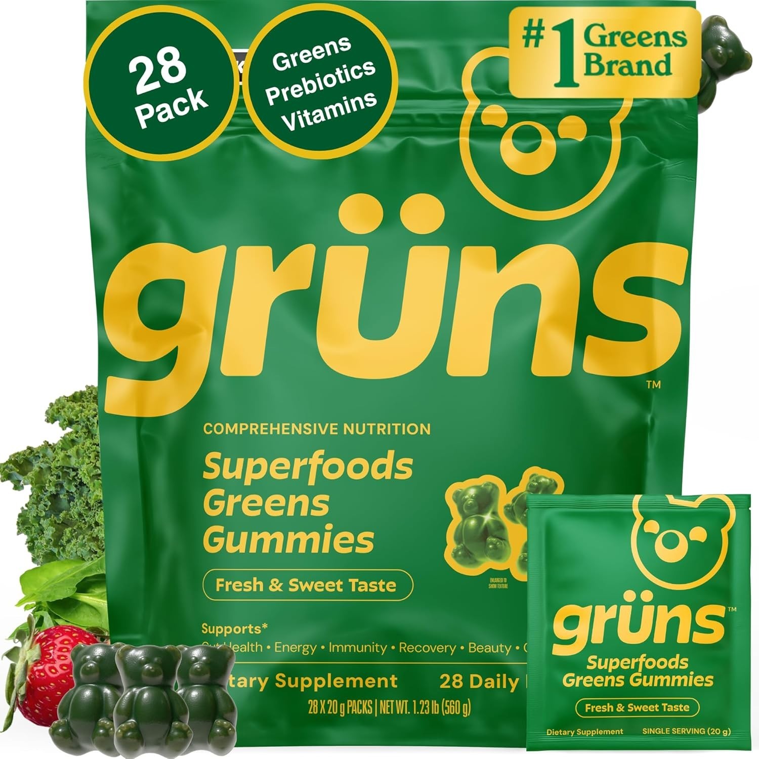 Gruns Super Greens Gummies 28ct Prebiotics Spirulina Digestive Health-***