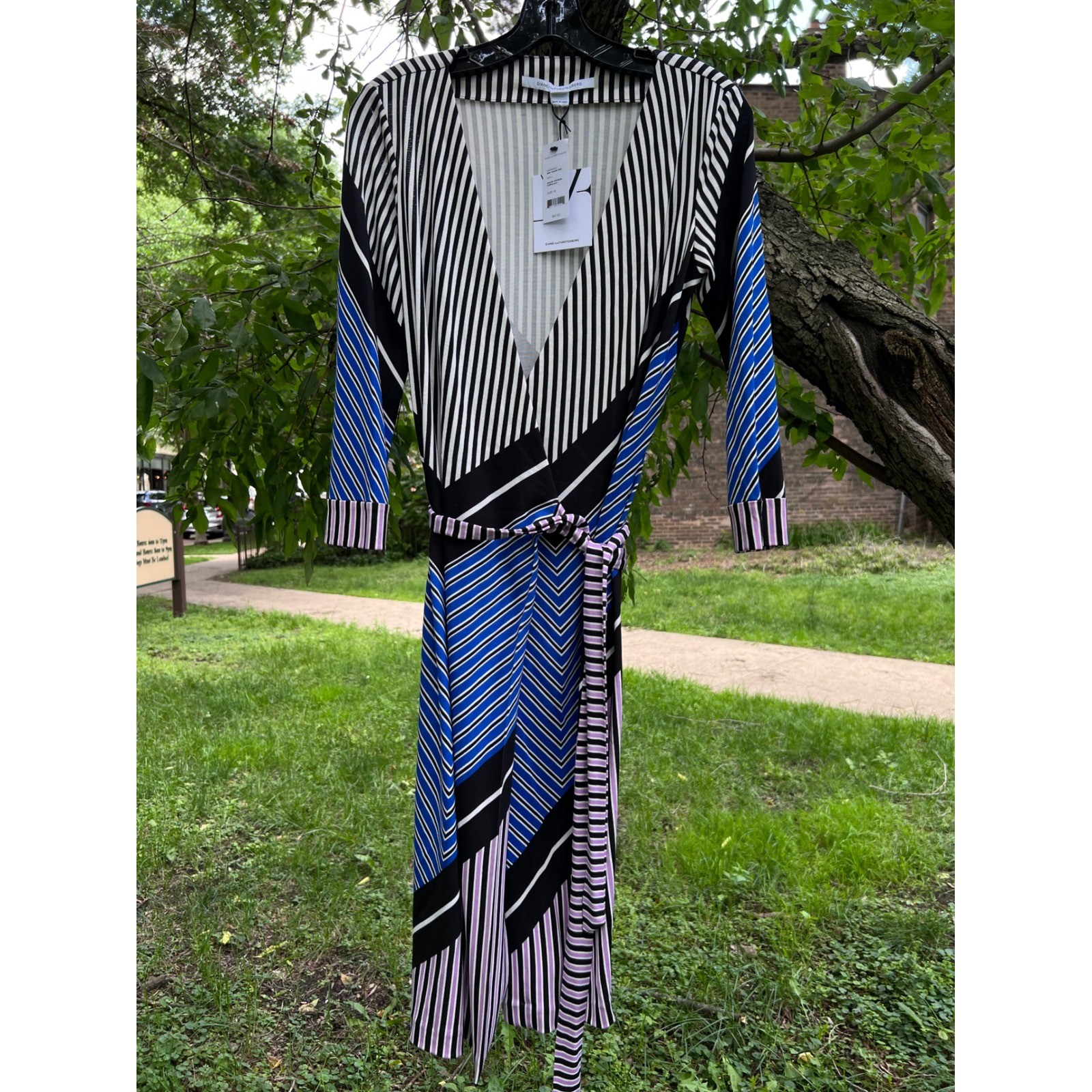 DIANE VON FURSTENBERG Julian 2-Striped Silk Jersey Wrap Dress Multicolor  10 NWT