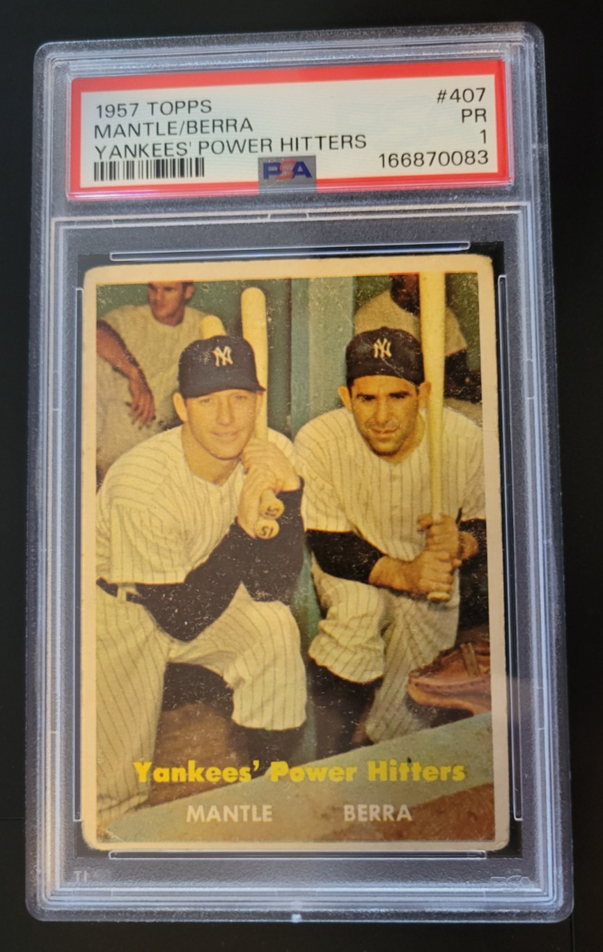 1957 TOPPS YANKEES\' POWER HITTERS #407-MANTLE/BERRA-GRADED PSA 1 PR *VINTAGE*
