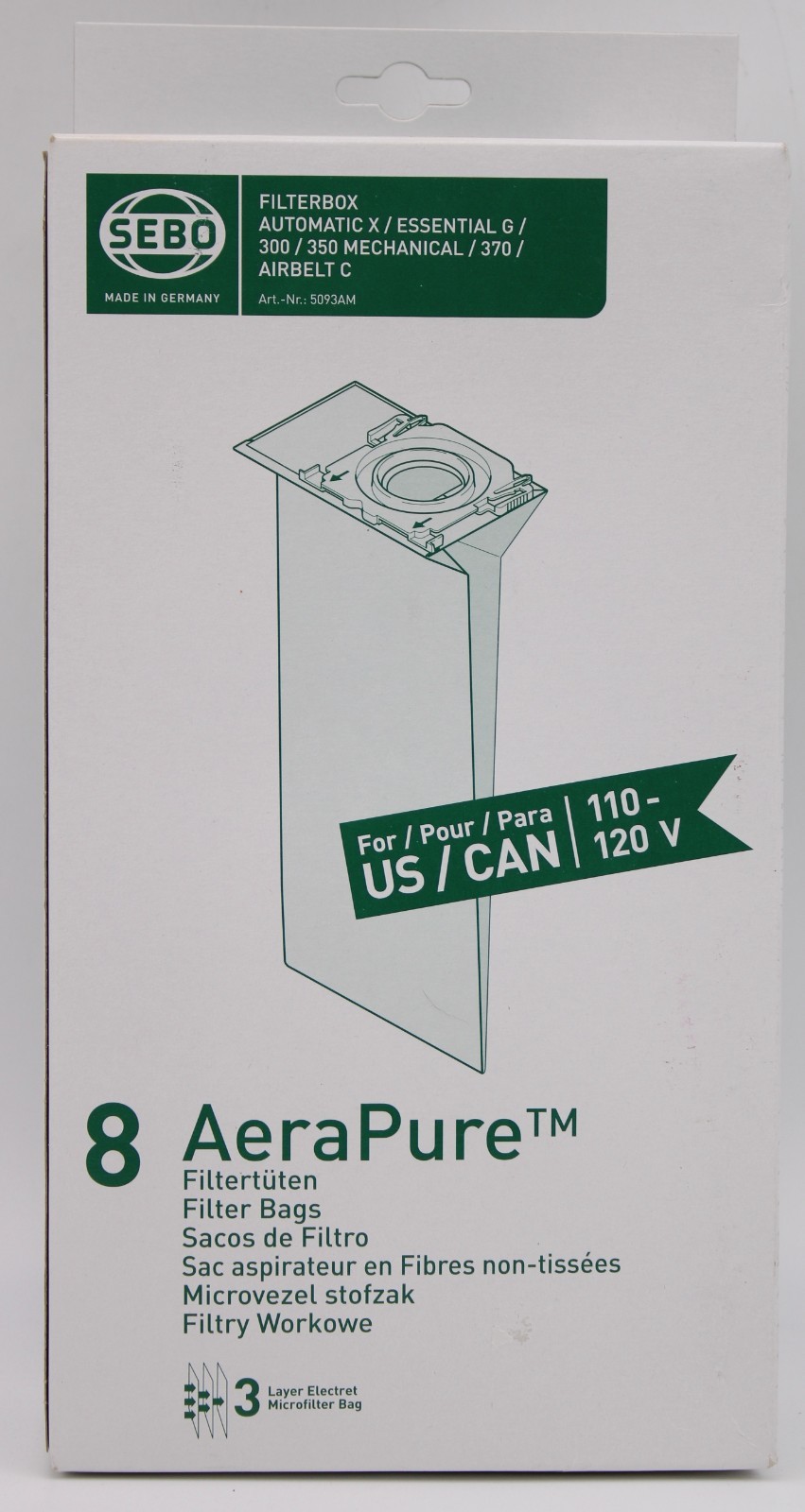 Genuine SEBO 5093AM AeraPure Vacuum Filter Bags 8 Pack Automatic X G C 370