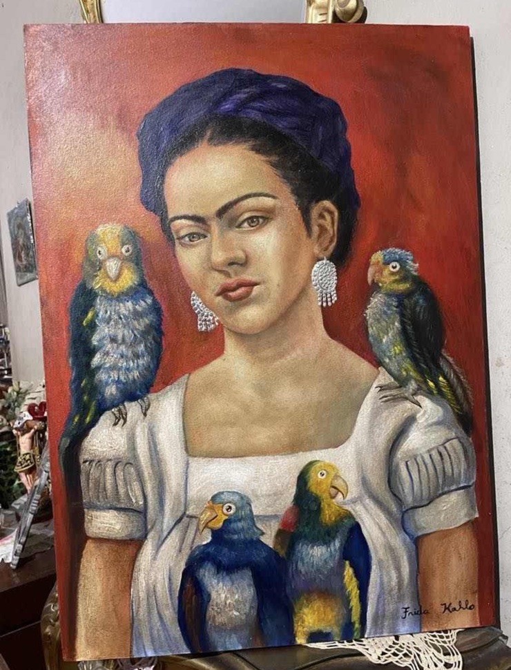 Frida Kahlo Signed Oil Painting on Canvas in Mexican Art .