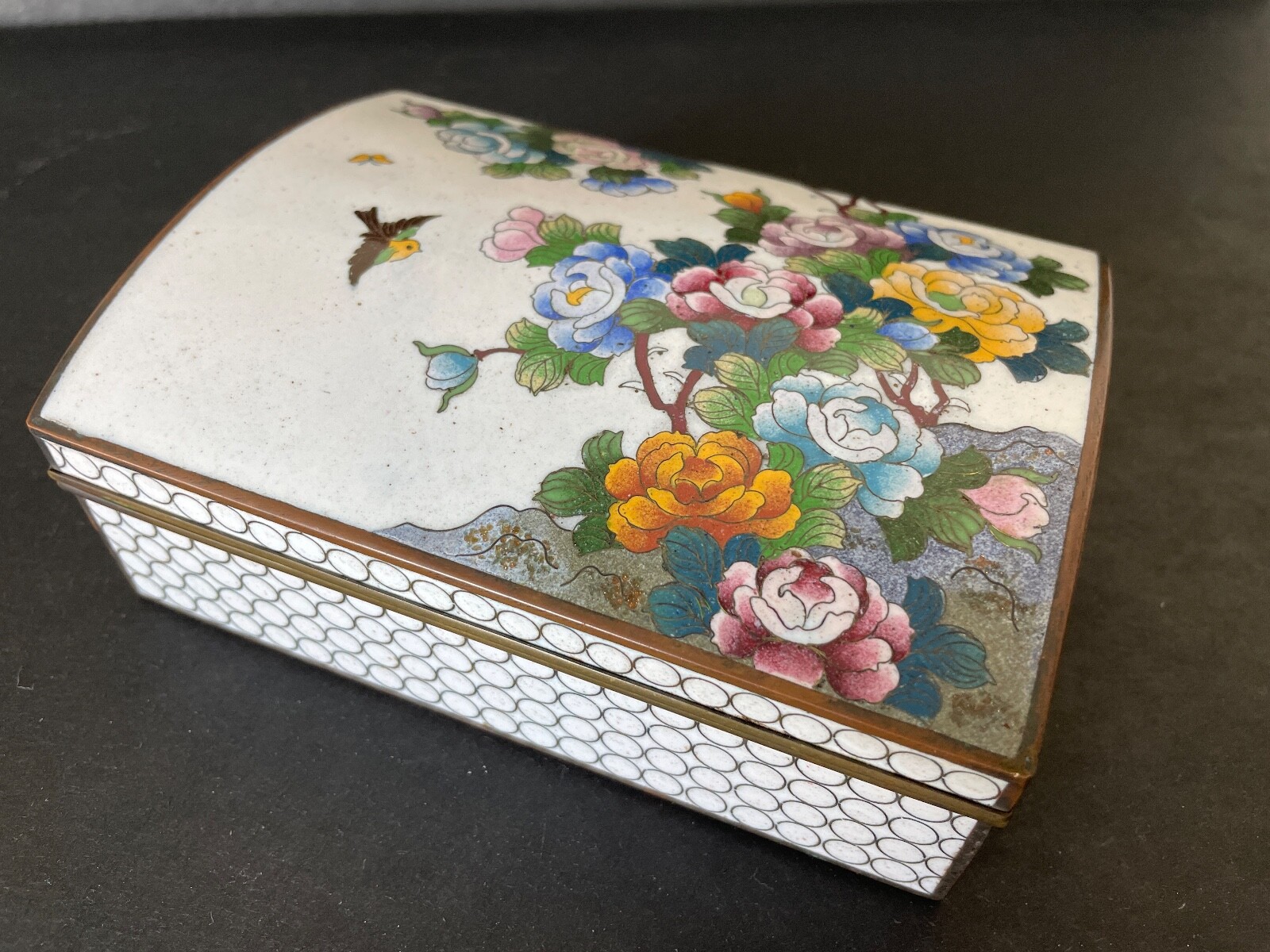 Antique 1920\'s Japanese Cloisonne Box Signed Inaba Kyoto Flowers & Sparrow