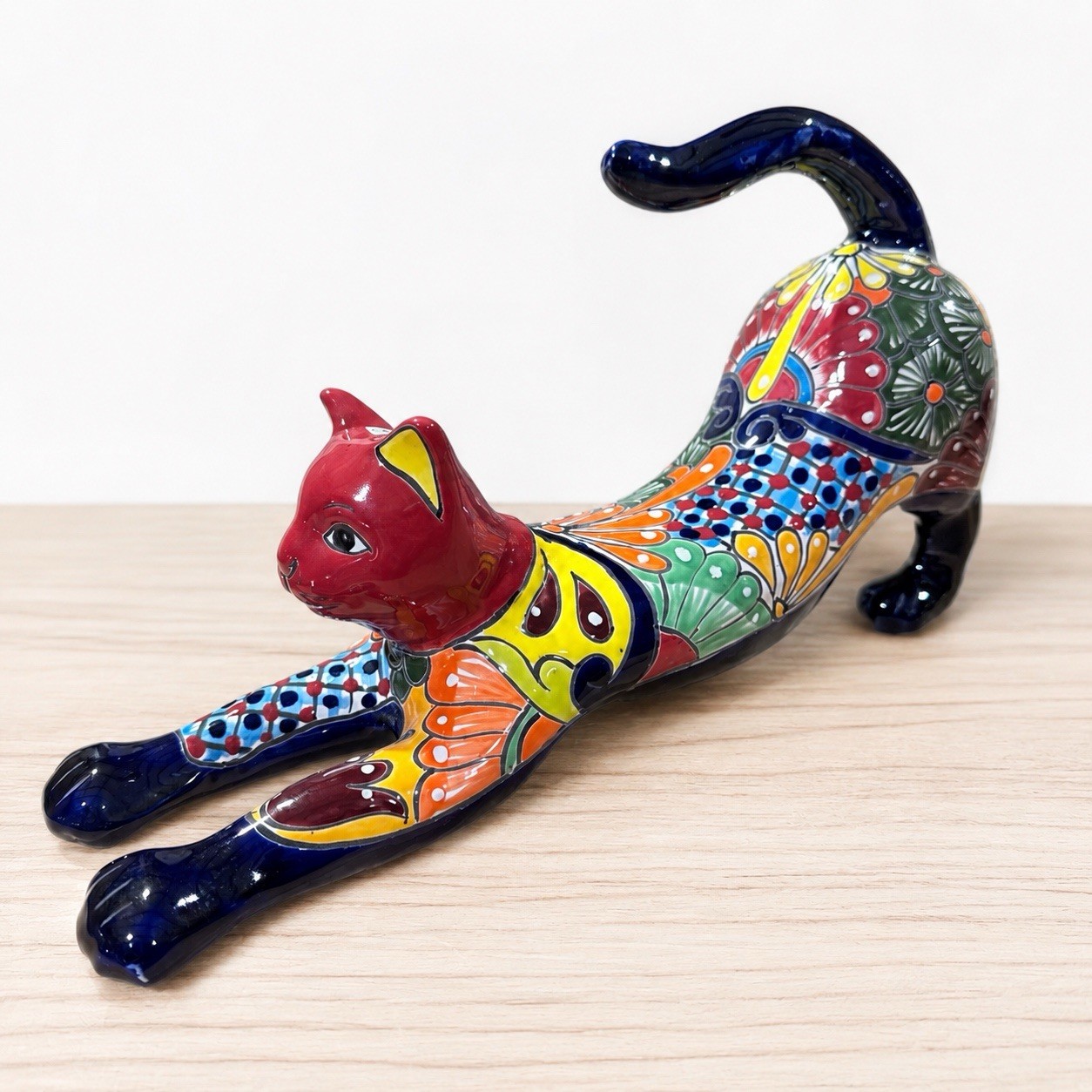 Talavera Stretching Cat Figurine 17” Hand Painted Mexican Folk Art Decor