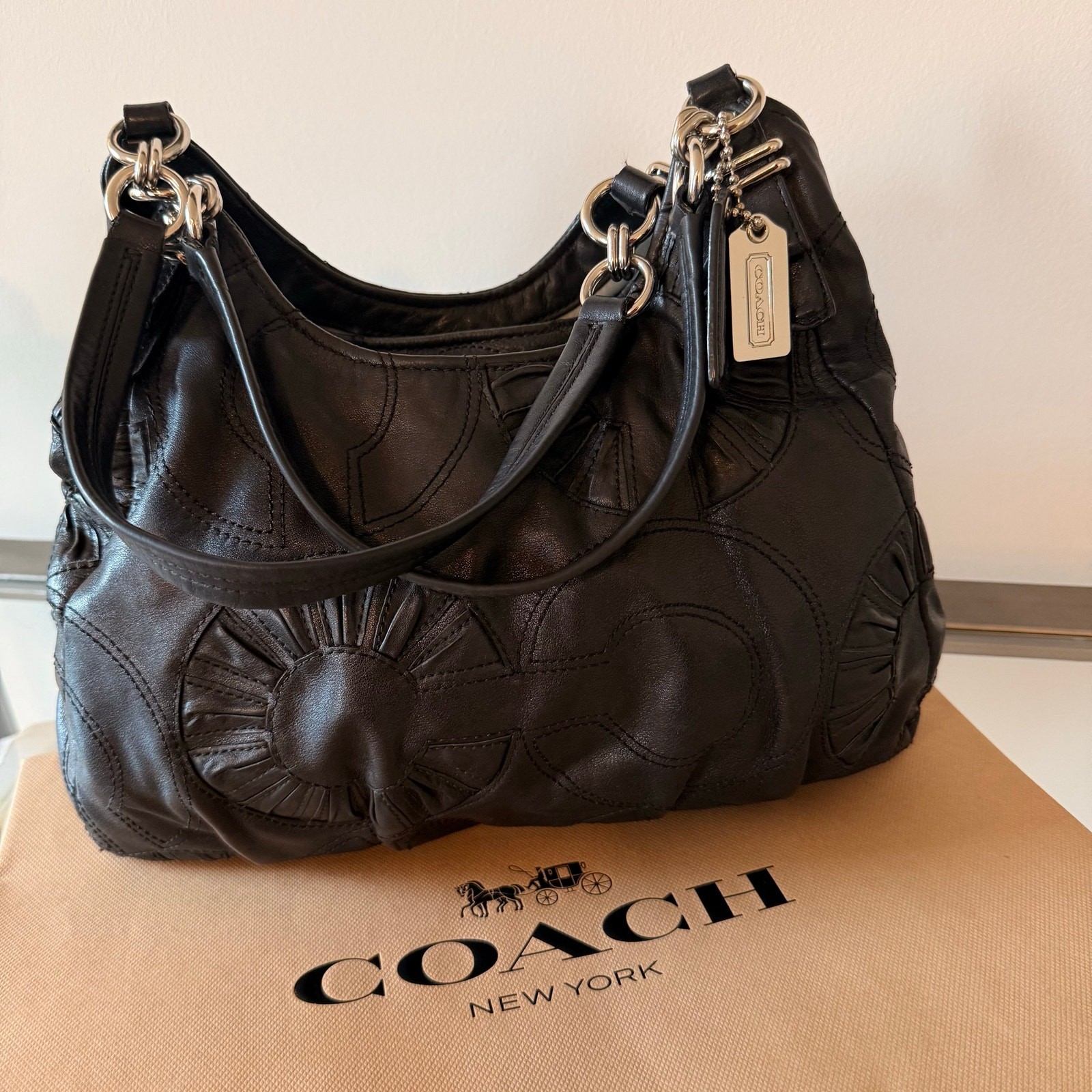Vintage Coach Bag Madison Maggie Op Art 16504 Black Leather Embellish Hobo 2Way