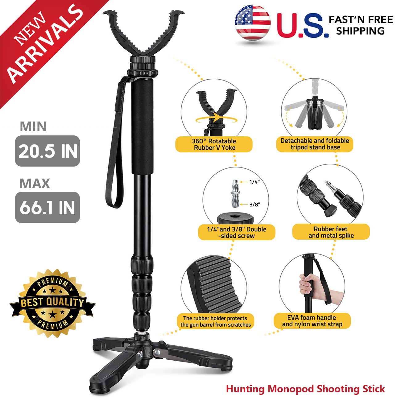 3-in-1 Hunting Tripod Monopod Shooting Stick Gun Rifle Crossbow Rest 20.5\