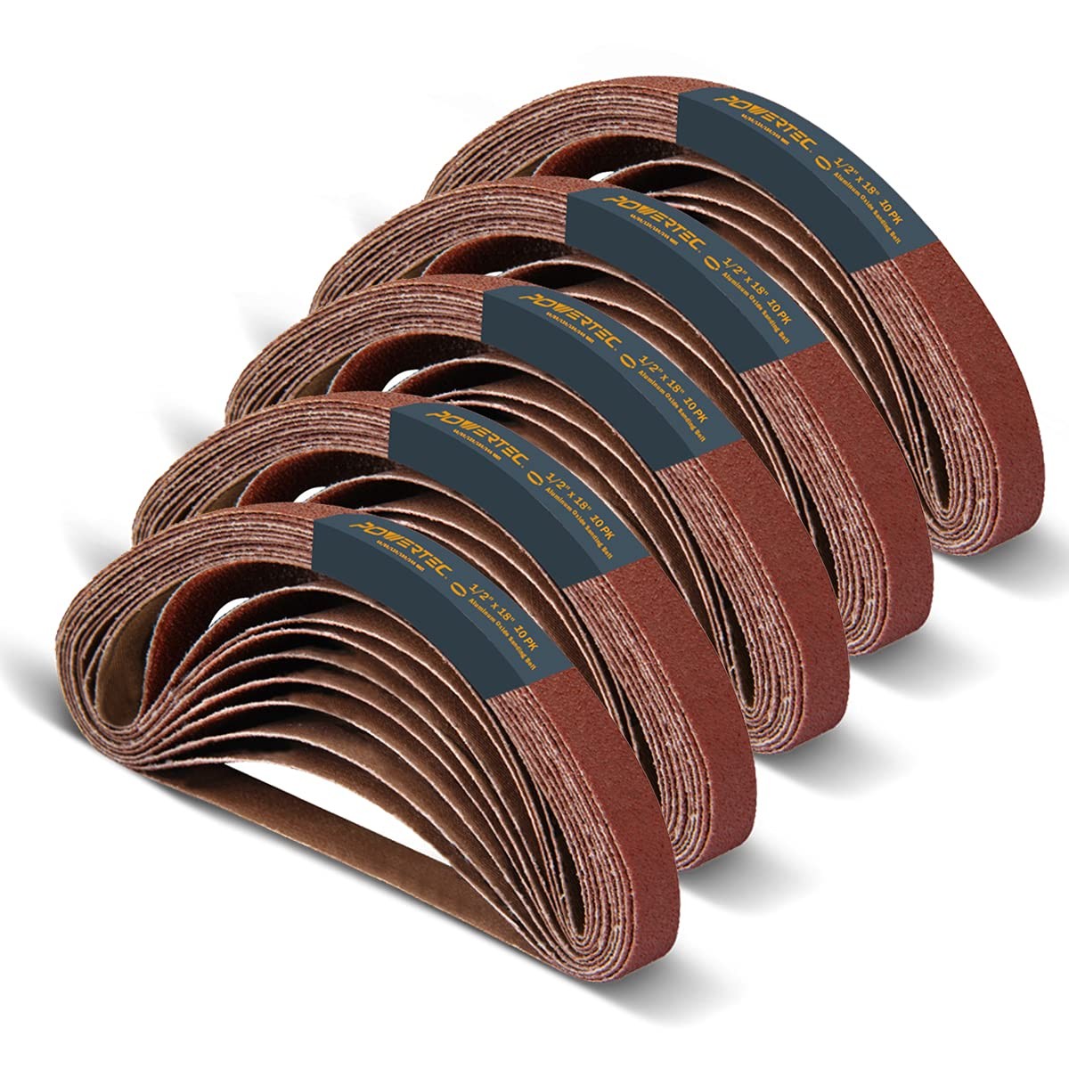 1/2 x 18 Inch Sanding Belts, 50PK, 10 each of 40/80/120/180/240 Grits, Alumin...