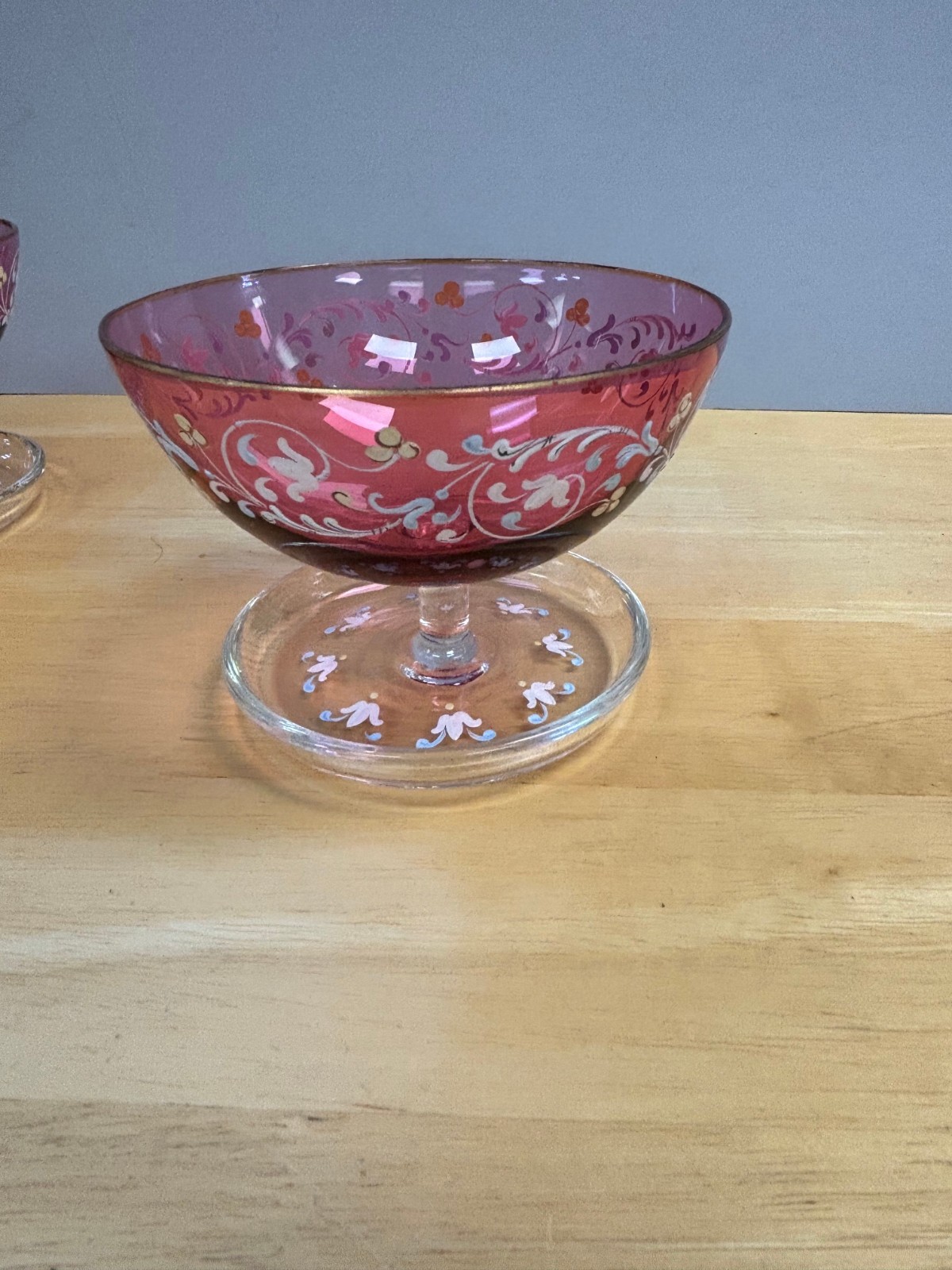 Moser Glass Bohemia Antique Cranbery Glass Hnad Painted Enamel Bowl & five cups