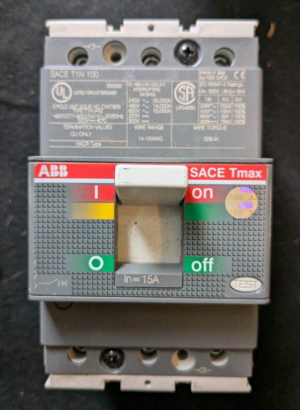ABB SACE Tmax T1N 100 Circuit Breaker 15A 3P 3 Pole 1SDA061799R1 NOS NIB Italy