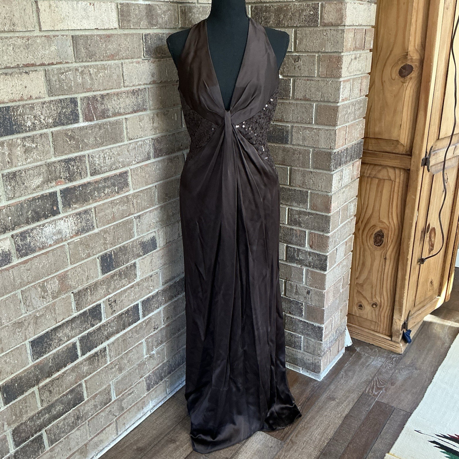 Carmen Marc Valvo Brown Halter Sequin Evening Gown Dress Women\'s Size 10 #10C1