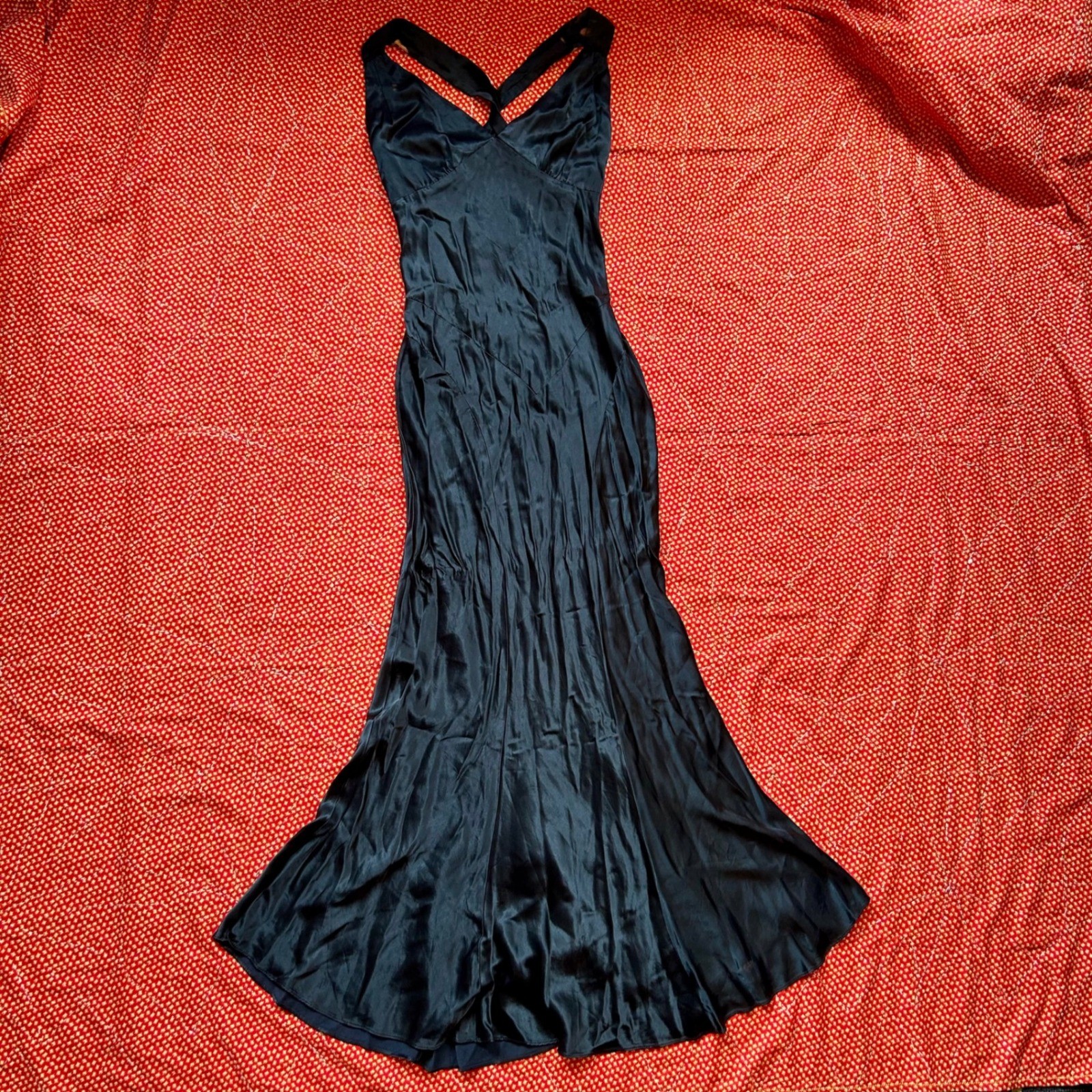 Antique 1930s black bias cut rayon satin maxi length slip dress gown cross back
