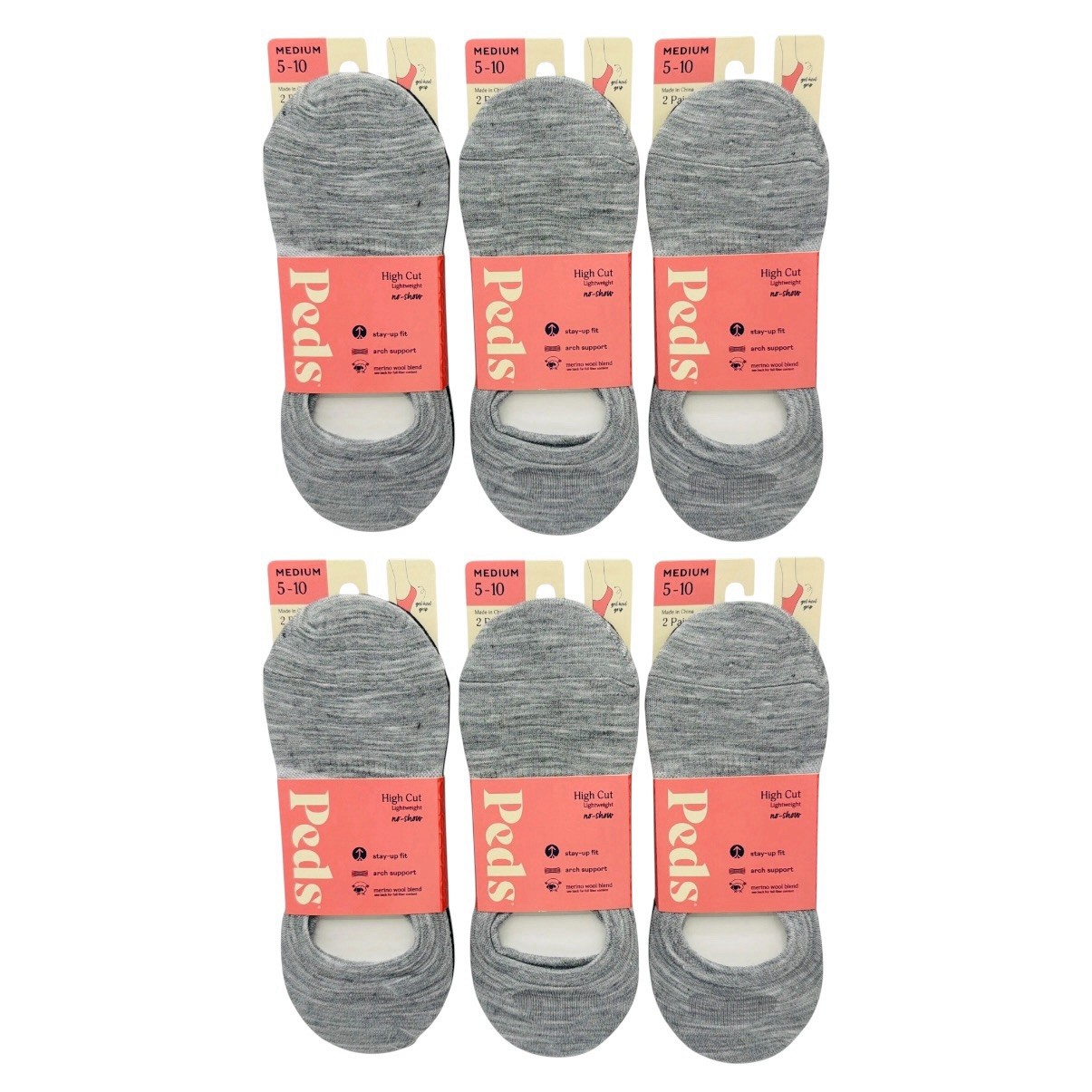Peds Gray & Black High Cut No Show Socks Merino Wool Blend 12 Pair Lot NWT