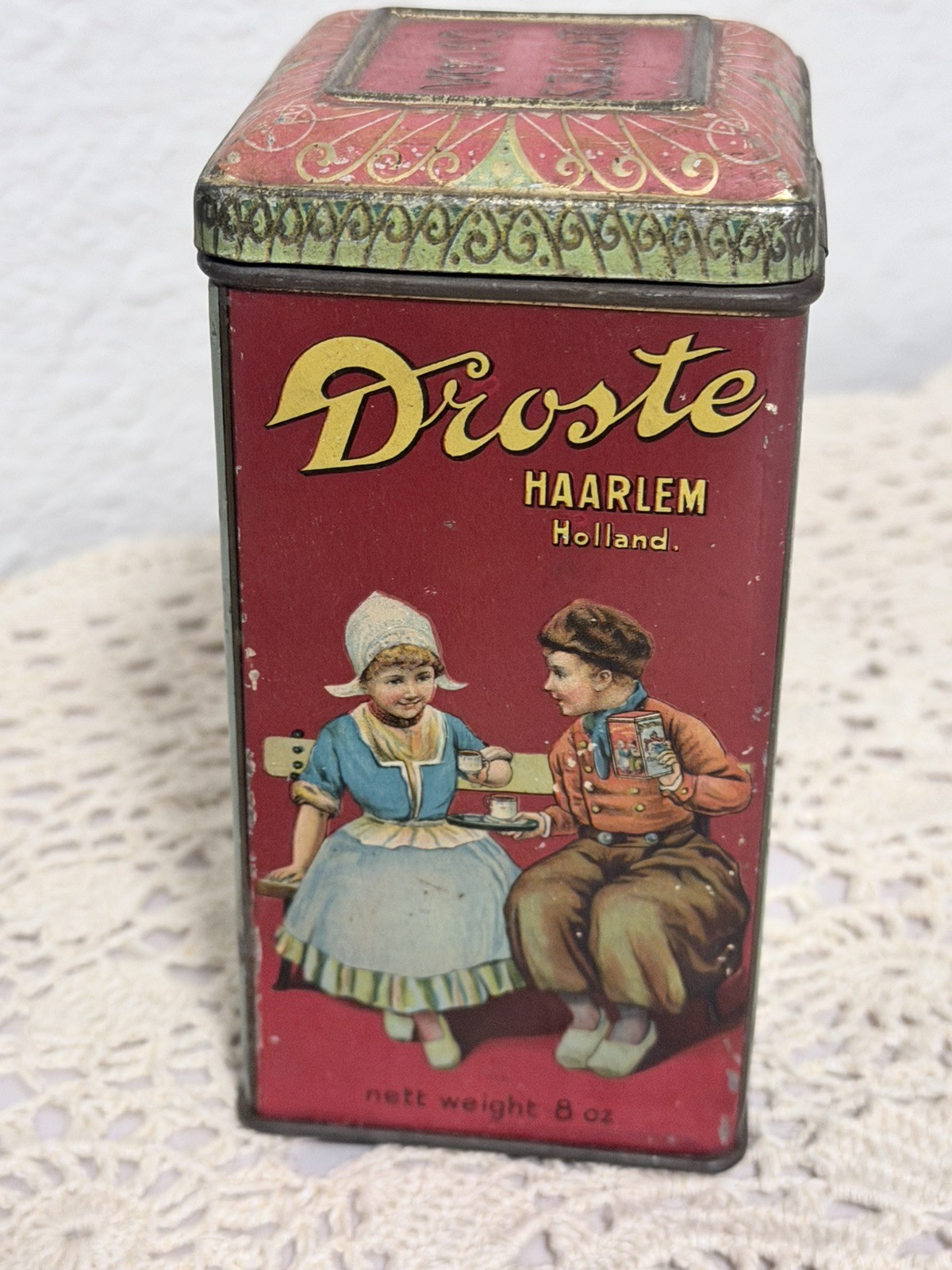 Vintage Droste's Cocoa Tin Hard to Find to find 8oz. Variations W attached lid Vintage Droste's Cocoa Tin Hard to Find to find 8oz. Variations W attached lid