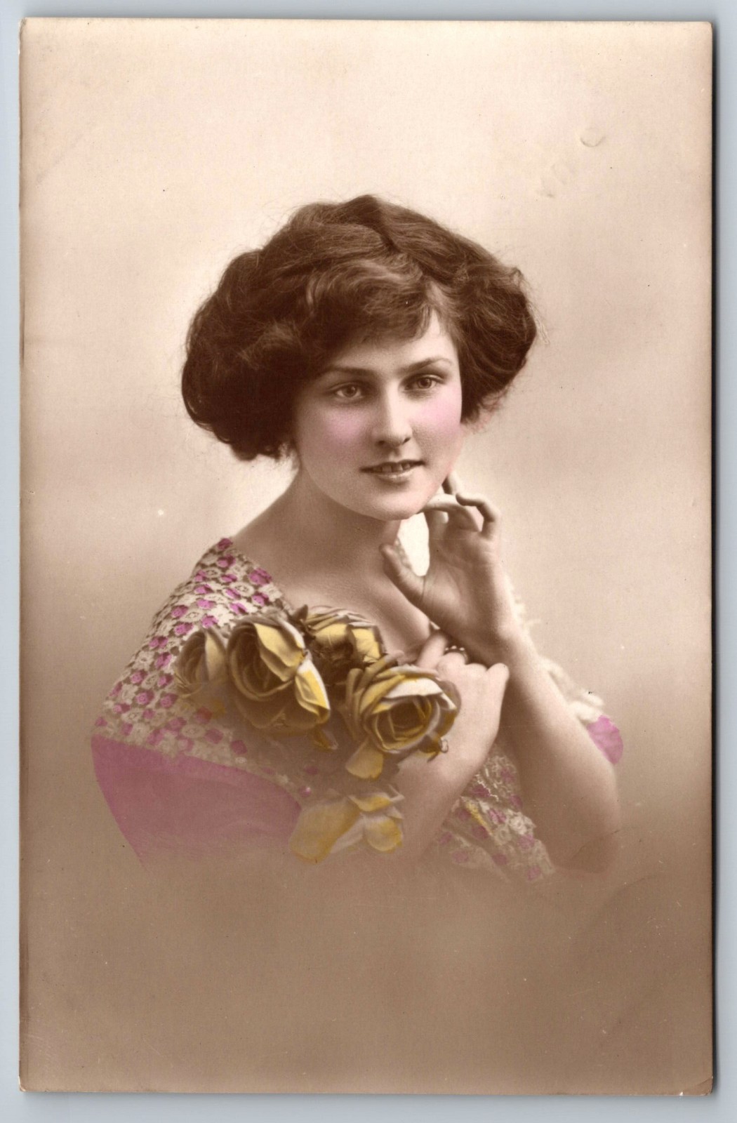 Vintage Real Photo Postcard Beautiful Woman Portrait Flowers RPPC Glamour 1910\'s