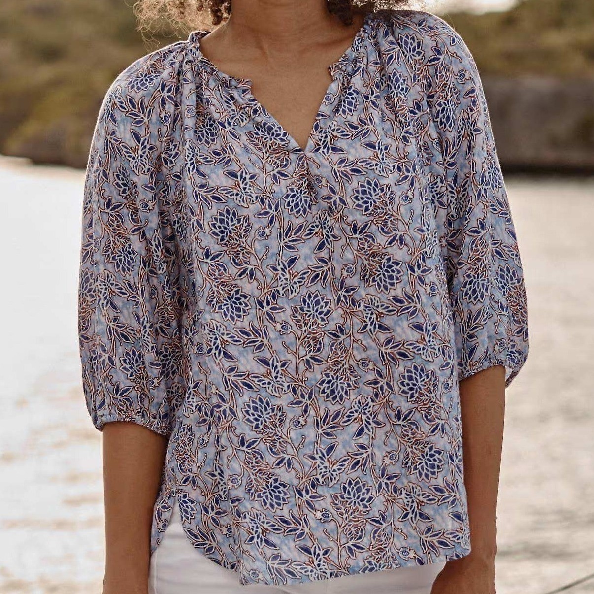 J. Jill Love Linen Women\'s Peasant Top Floral 3/4 sleeve Blouse Beachy Boho Sm