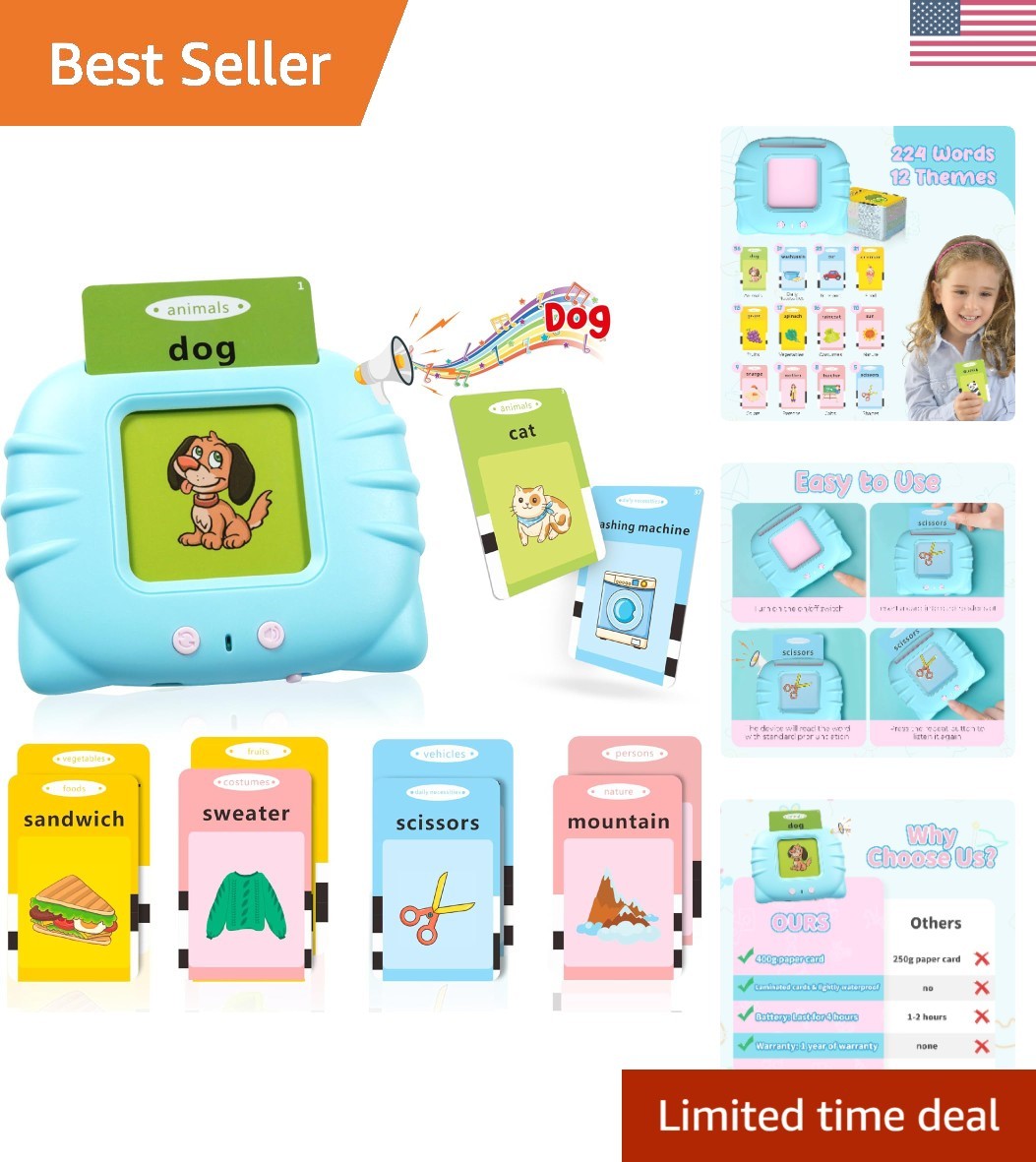 224 Double-Sided Flash Cards with Interactive Reader for Early Language Learning
