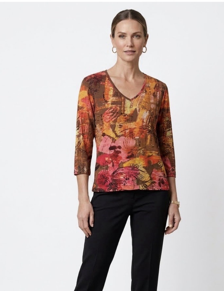Chico\'s Top Women\'s Size L Brown Abstract 3/4 Sleeve V-Neck Pullover Blouse