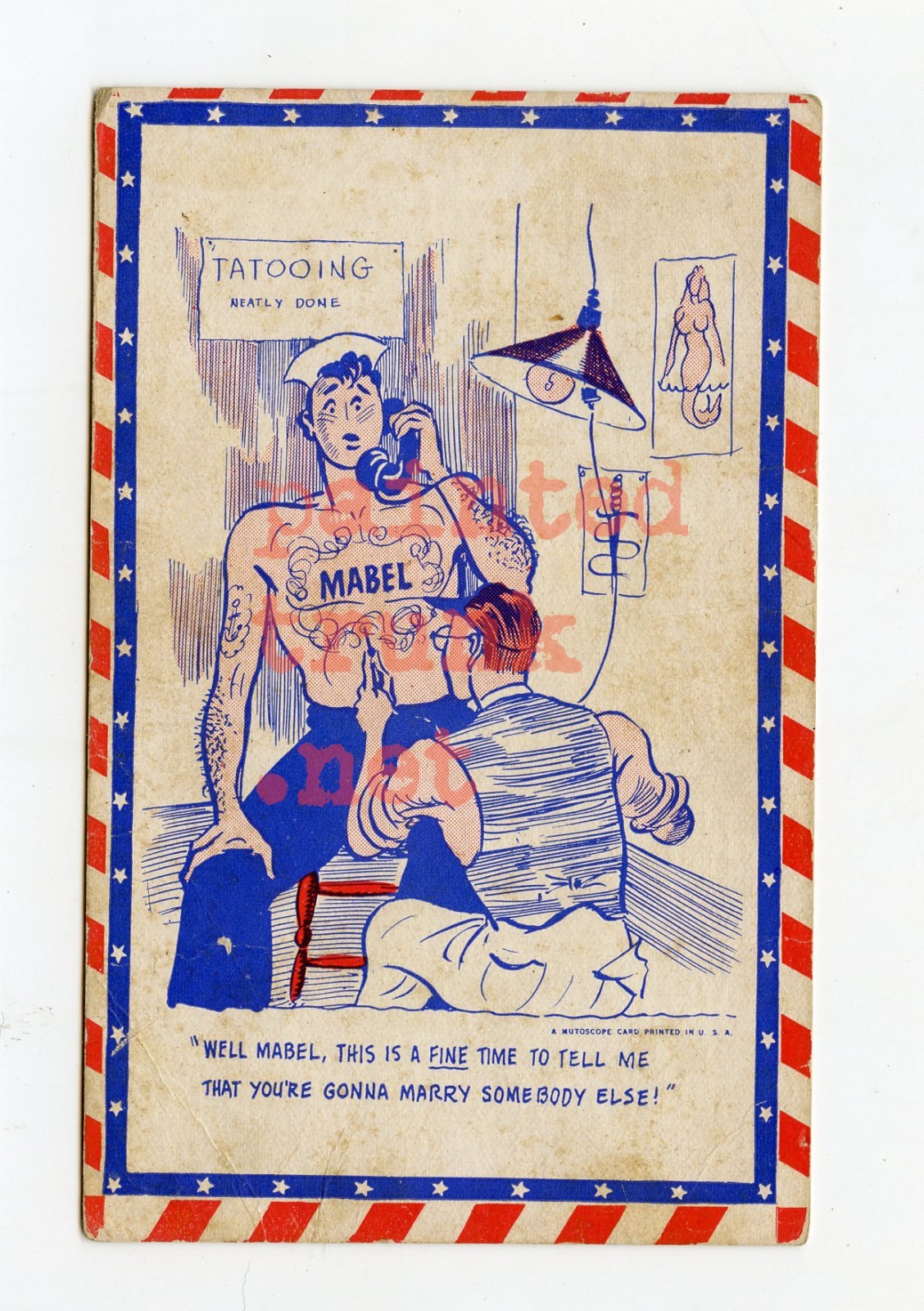 original antique 1930s tattooing mabel sailor navy cartoon tattoo card postcard
