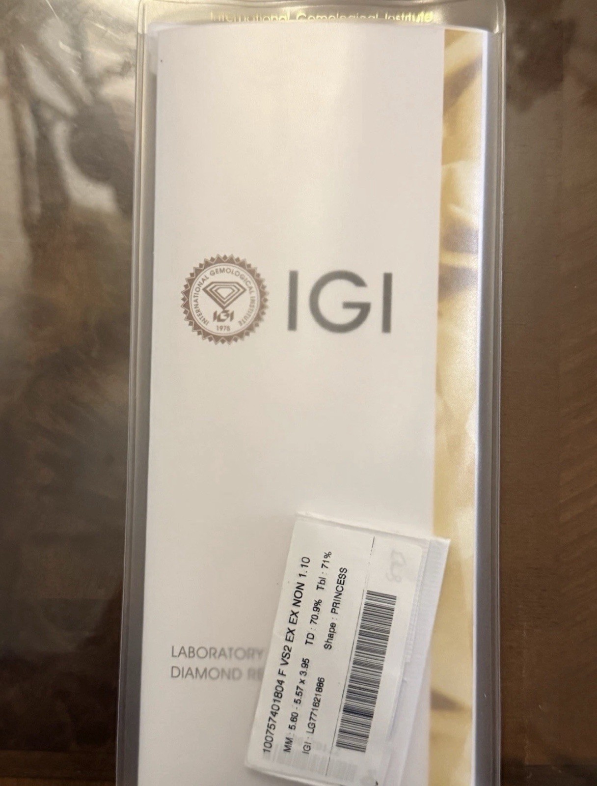 IGI Certified Lab Grown Princess Diamond 1.10ct F VS2 Ex 5.60x5.57mm