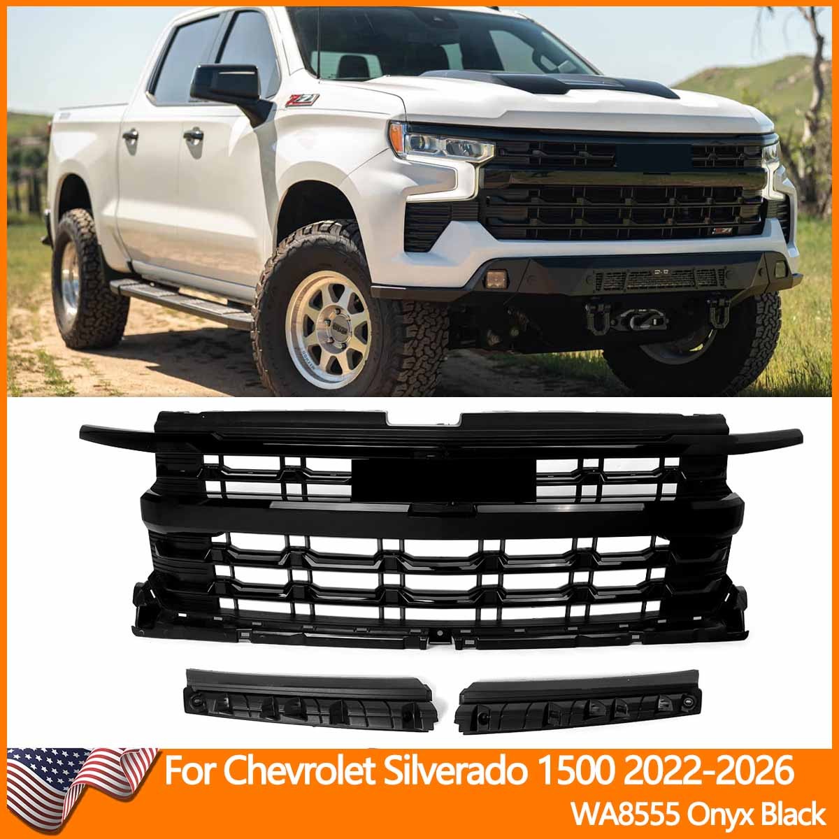 Fits 2022-2026 Chevrolet Silverado 1500 LT RST WT Front Bumper Grille Onyx Black