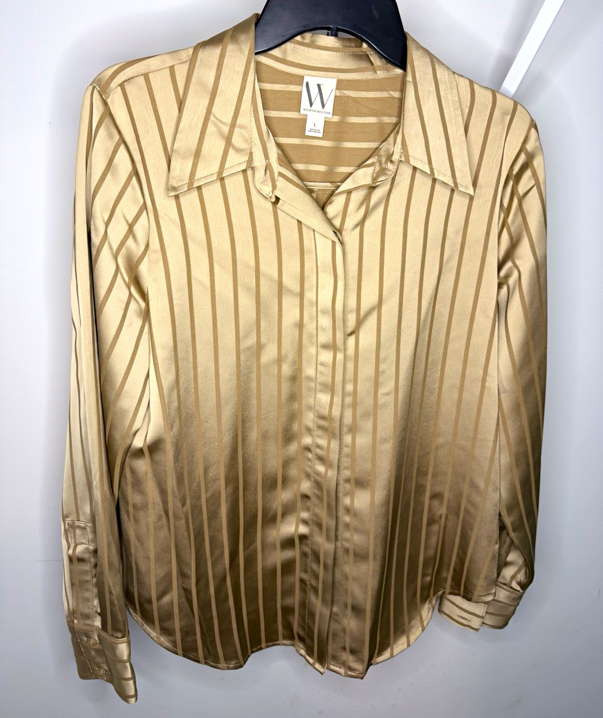Worthington Beige/Brown Striped Collared Long Sleeve Satin Blouse Womens Size L Worthington Beige/Brown Striped Collared Long Sleeve Satin Blouse Womens Size L