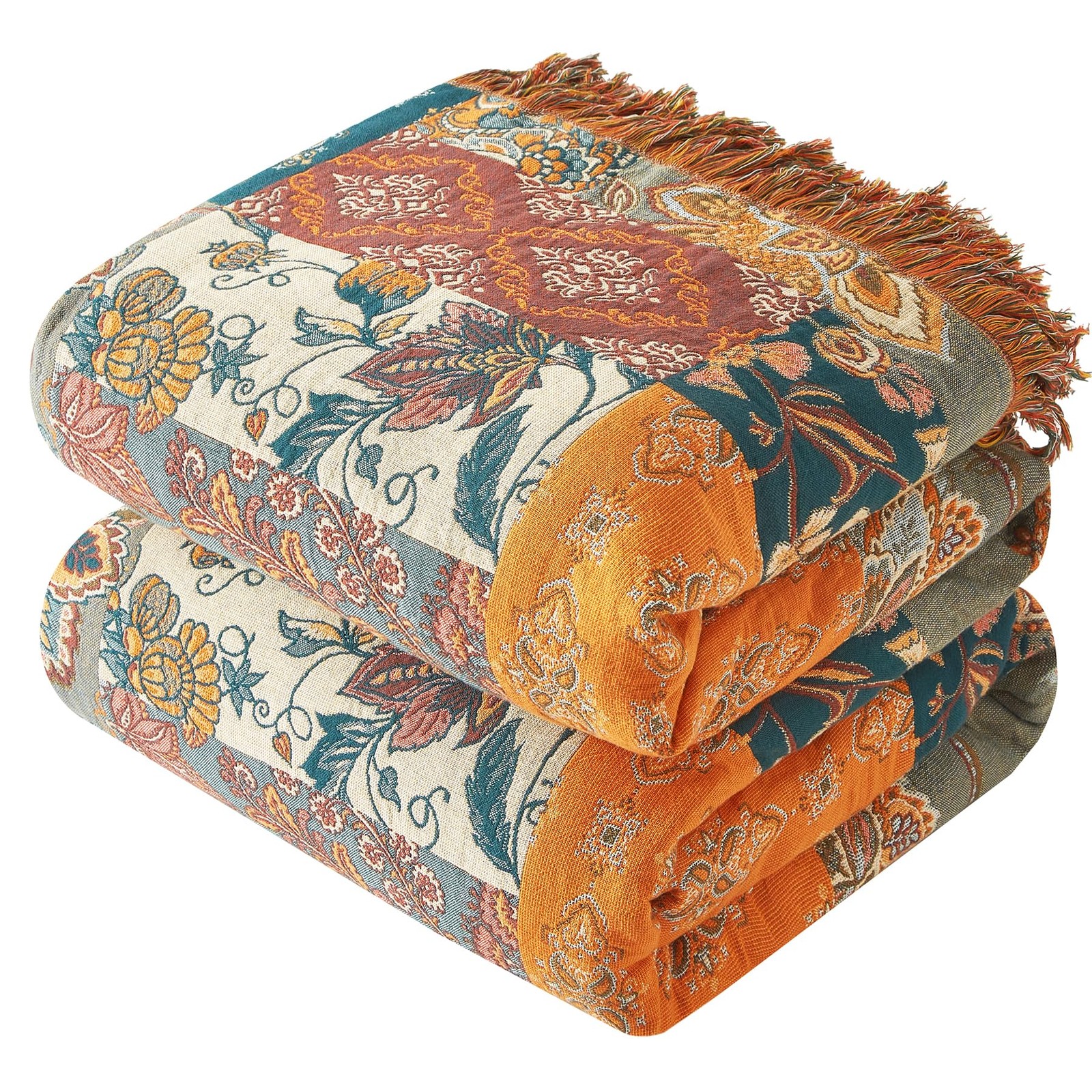 Boho Throw Blanket, 100% Cotton, Woven Floral Pattern, 50\