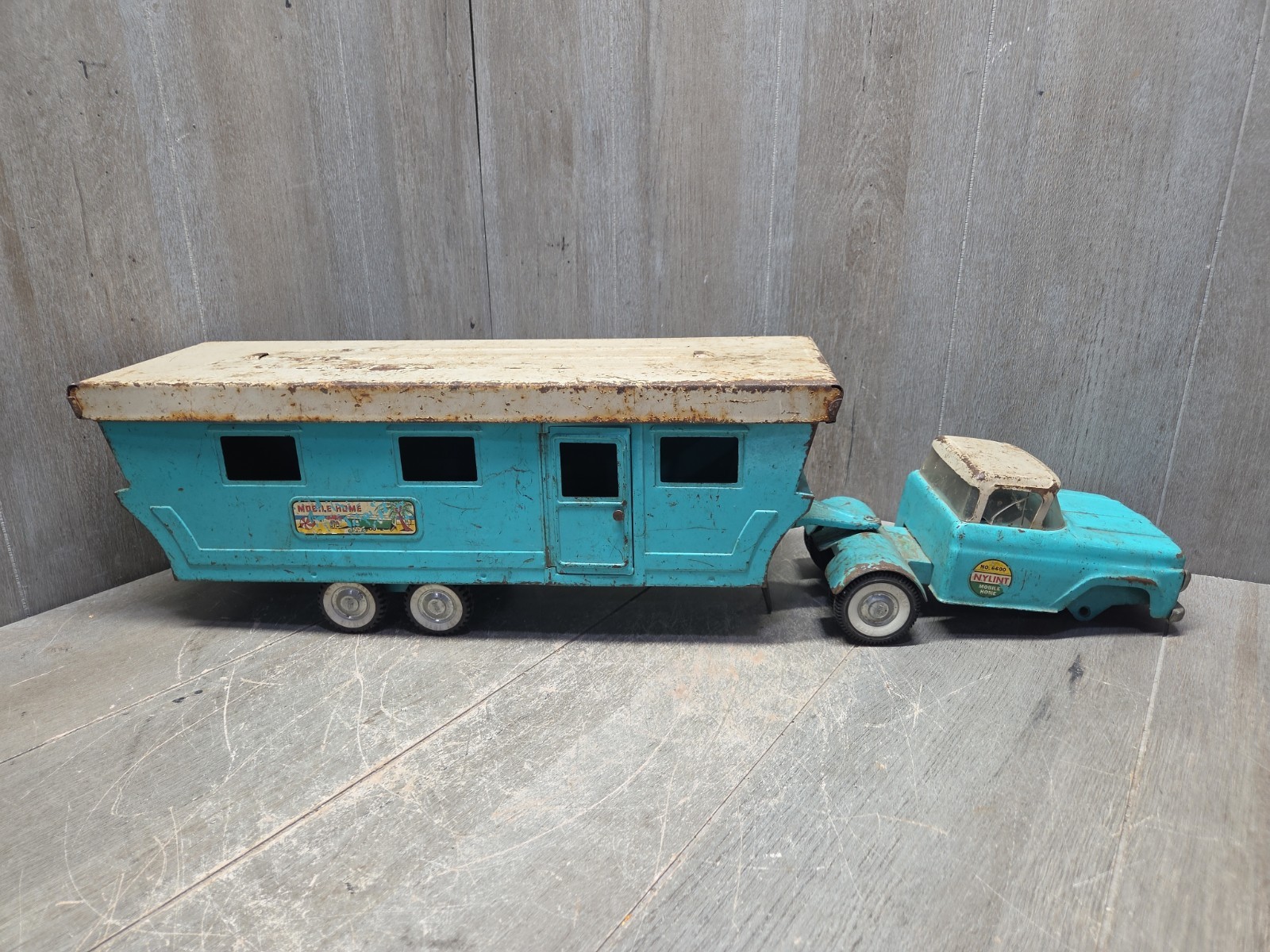 Vintage metal ,  1950\'s, NYLINT turquoise blue , truck and mobile home
