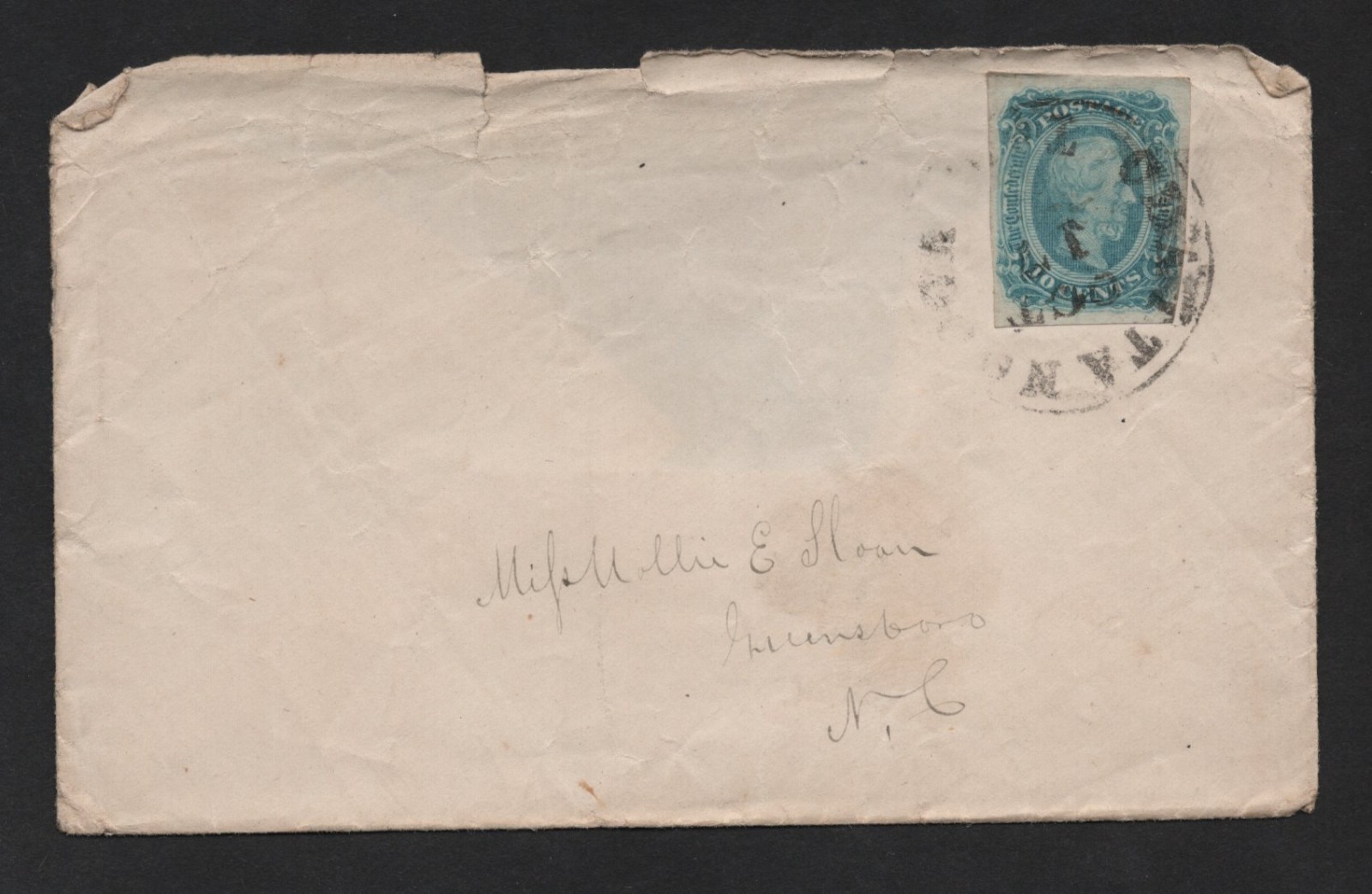 US 1864 CIVIL WAR CONFEDERATE COVER FRANKED SCOTT #12 4 CLEAR MARGINS TIED