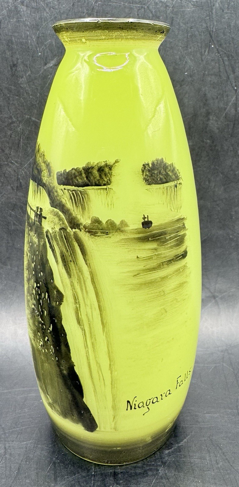 Antique Niagara Falls Hand Painted Reverse Painted Green Glass Vase 9” Souvenir