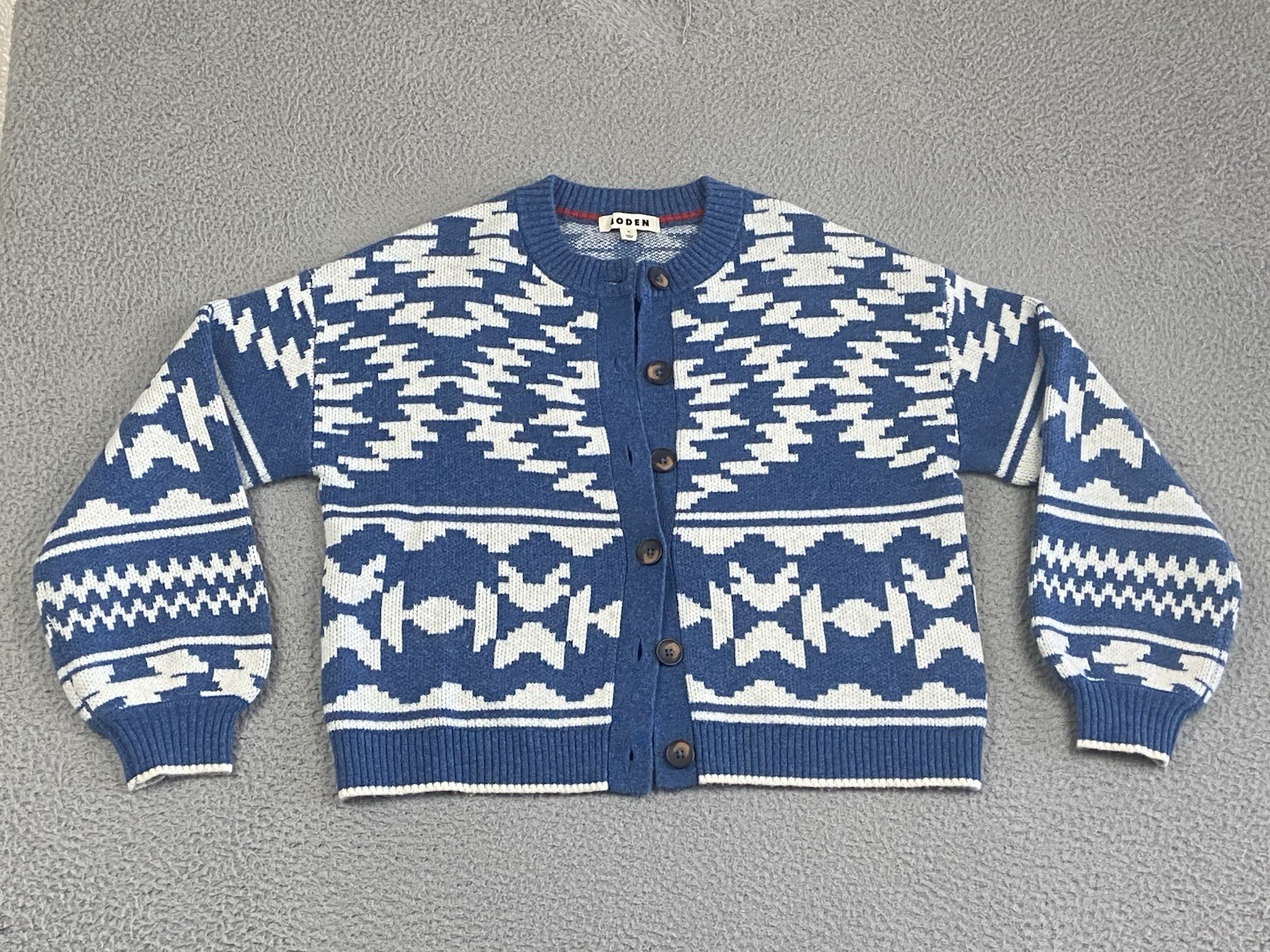 NEW Boden Abi Jacquard Cardigan in Denim Blue Aztec Cardigan Sweater Size Medium