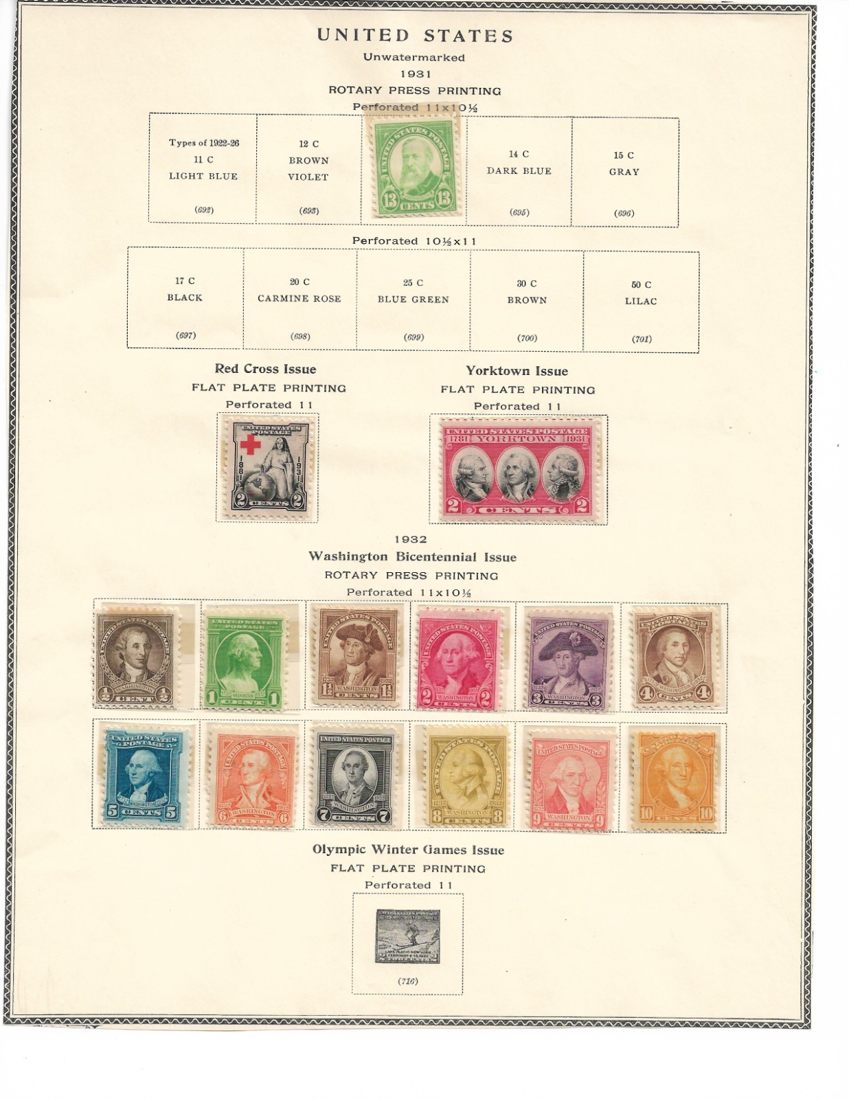 1931-1932 US MINT STAMPS ON ALBUM PAGE BICENTENNIAL RED CROSS YORKTOWN AND MORE 1931-1932 US MINT STAMPS ON ALBUM PAGE BICENTENNIAL RED CROSS YORKTOWN AND MORE
