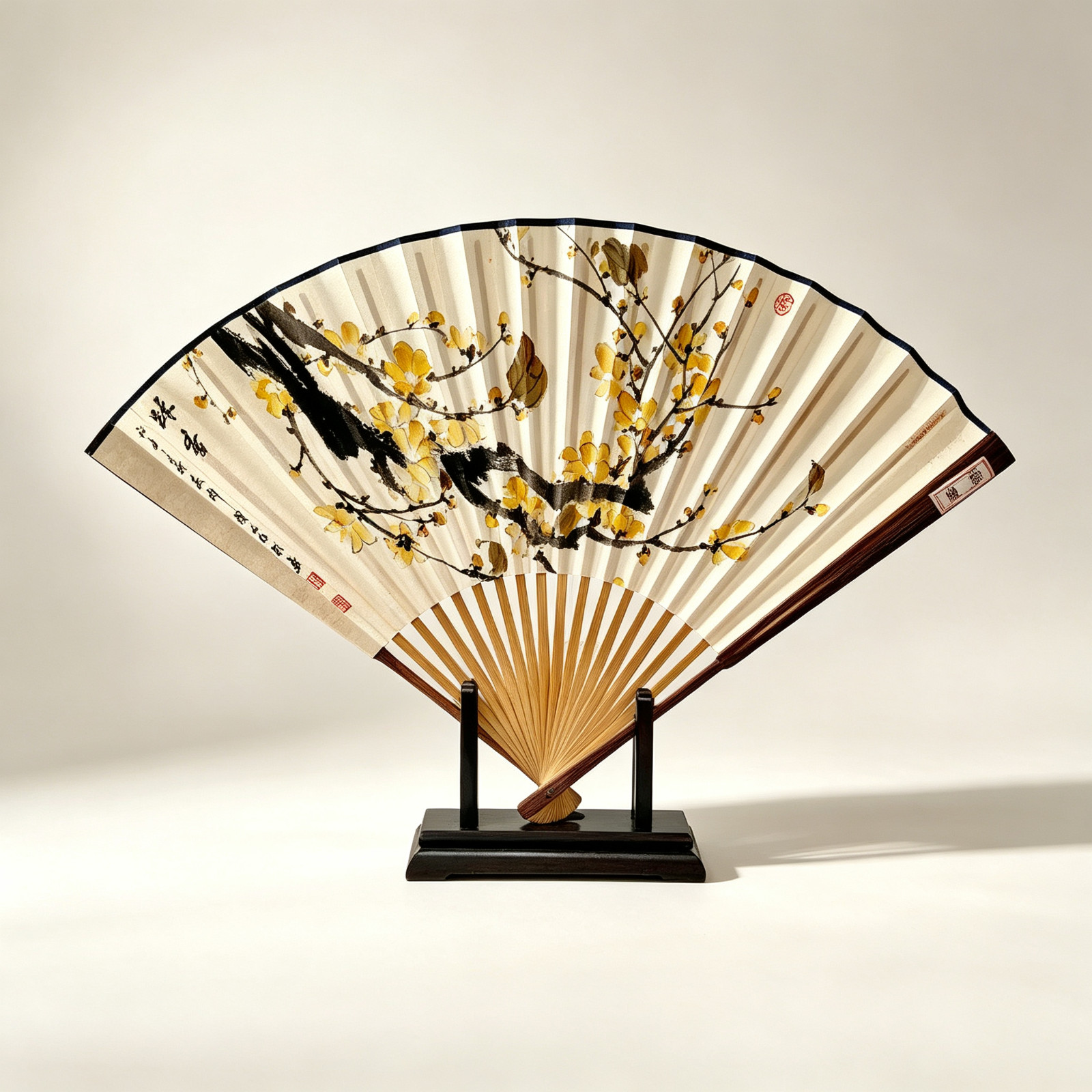Brand New Hand-Painted Chinese Wintersweet Folding Fan by Artist Zhou Xiaoying