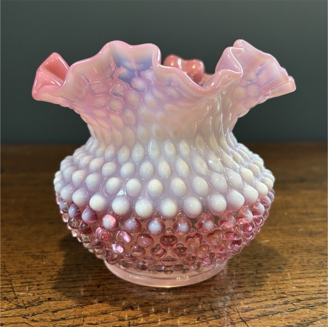 Vintage Fenton Cranberry Opalescent Hobnail Ruffled Vase Crimped 5.25\