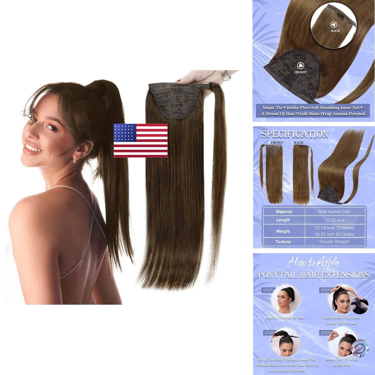 Full Shine Clip in Ponytail Extension - Medium Brown Straight