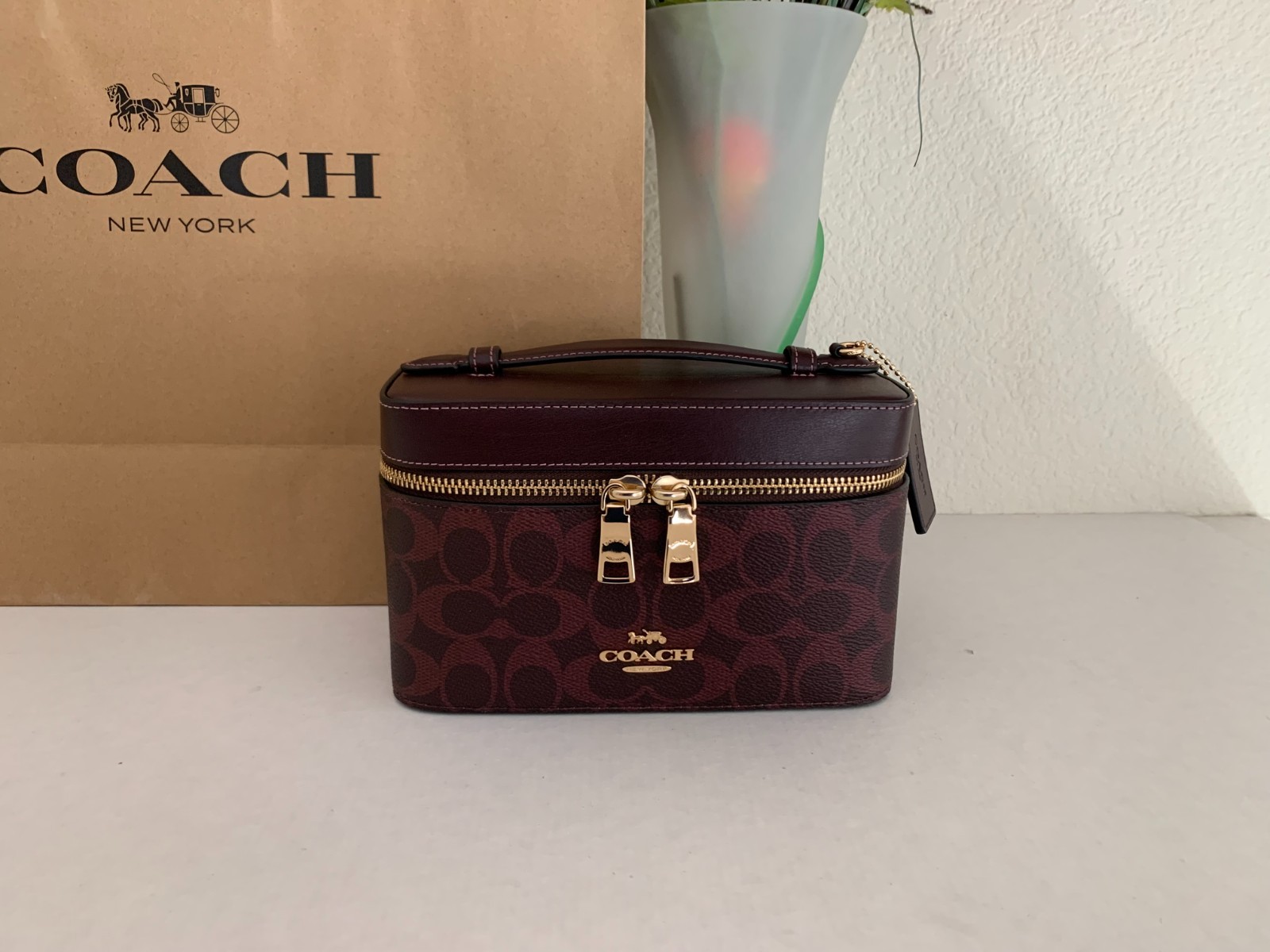 NWT Coach CW728 Cosmetic Case In Signature Canvas & Leather Black Currant