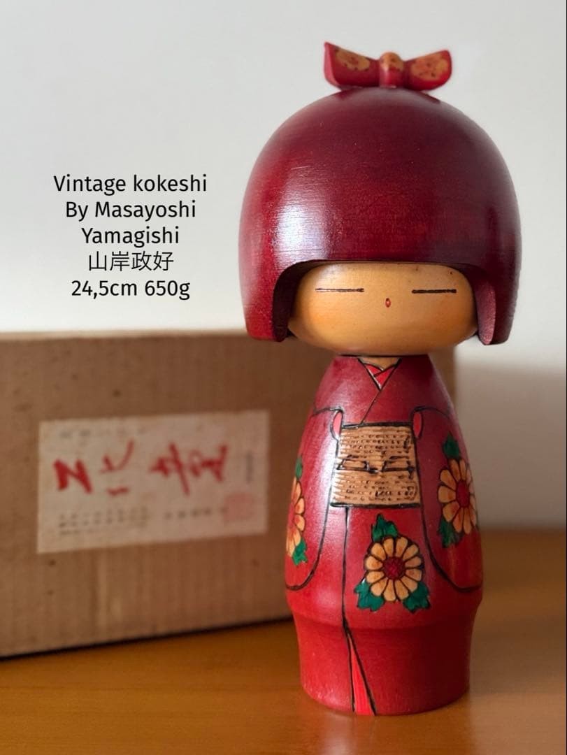 Masayoshi Yamagishi Red Floral Kokeshi Doll Ribbon 24.5cm Collectible 15+