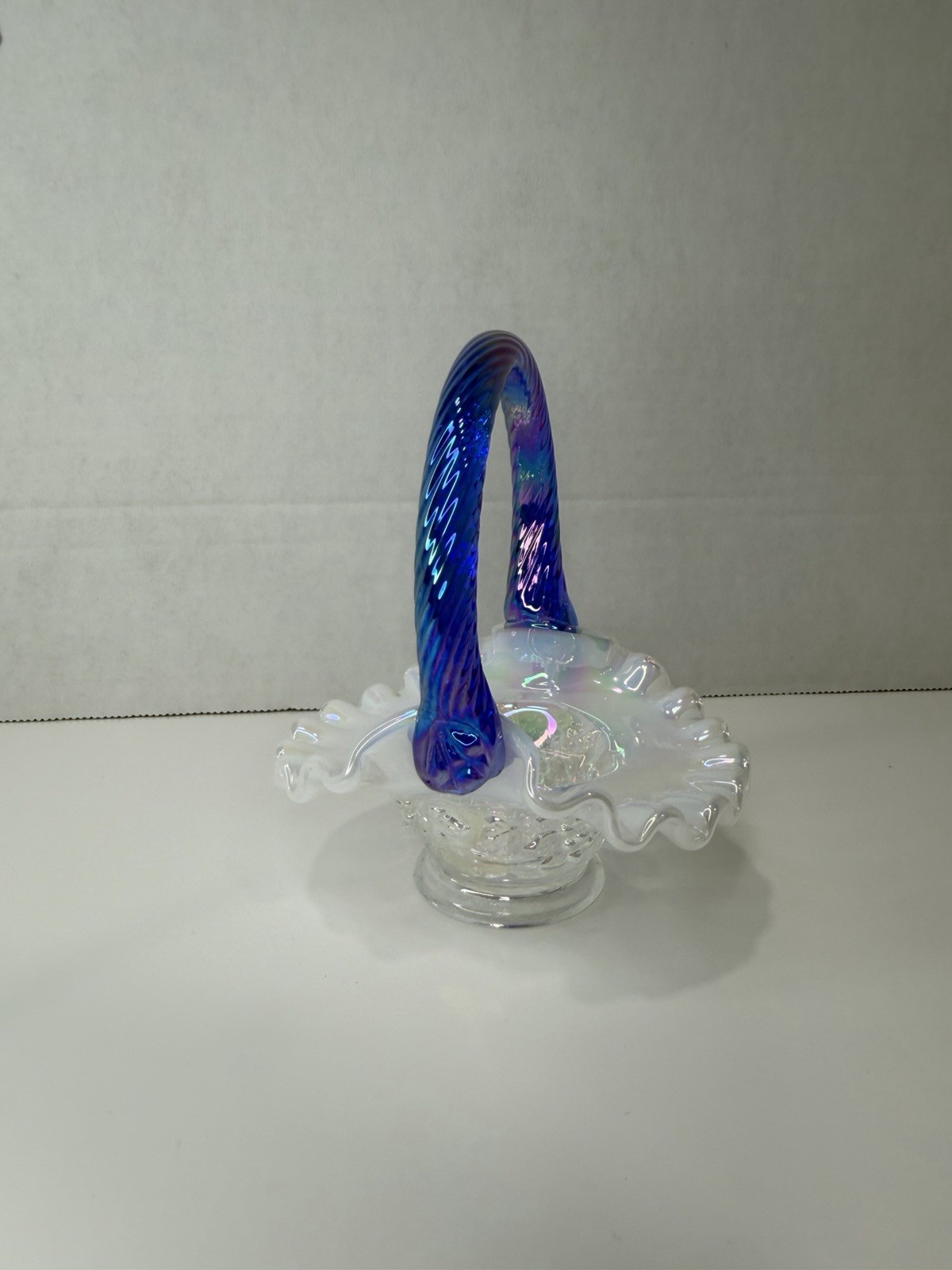 Fenton French Opalescent Paneled Grape Mini Basket Iridized Cobalt Blue Handle Fenton French Opalescent Paneled Grape Mini Basket Iridized Cobalt Blue Handle