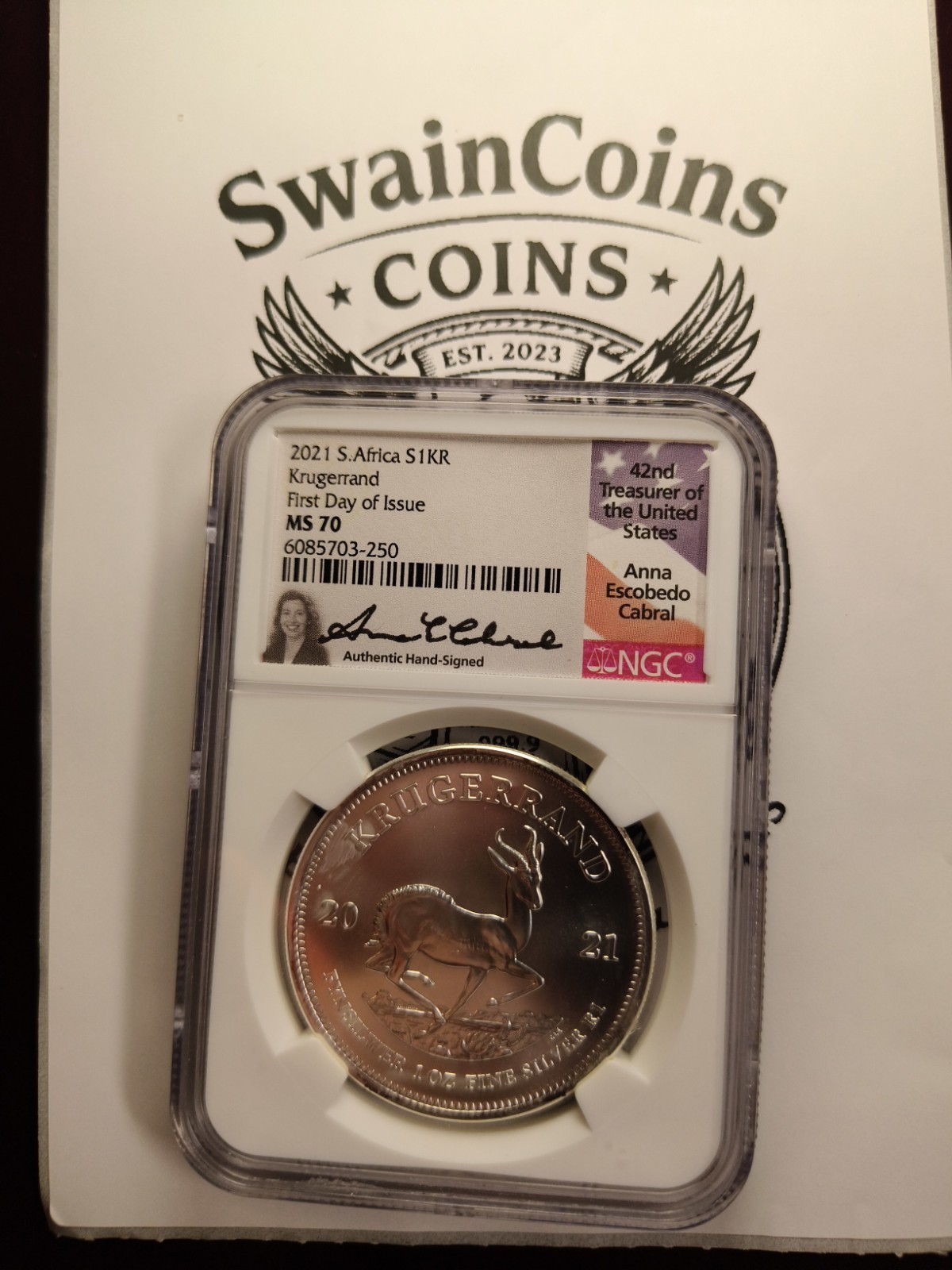 2021 Krugerrand PF70 FDOI  UC (Pop 45) Signed By Anna Cabral E20-81 (Milk Spots)