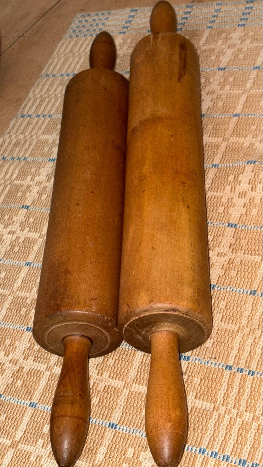 (Two) Antique Wooden Very Large Maple Bakery Rolling Pins 20.5”, 18.5” L /9” Dia