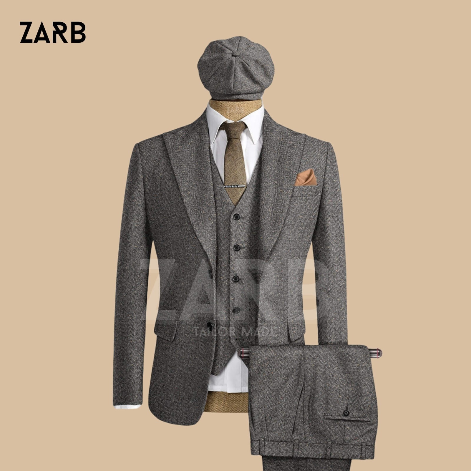Men\'s Gray Tweed Wool 3-Piece Suit, Peaky Blinders Wedding Custom Tailored