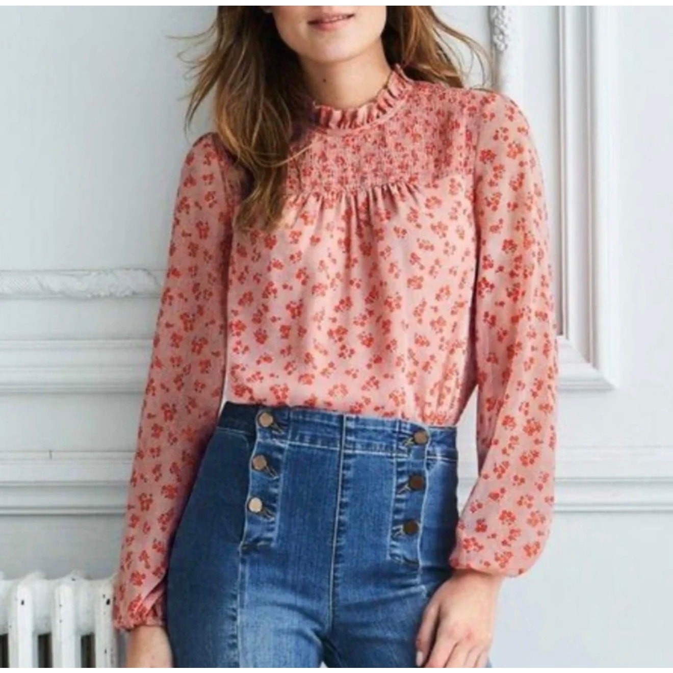 Boden Janie Top Smocked Chalky Pink Daisy Field Size 6