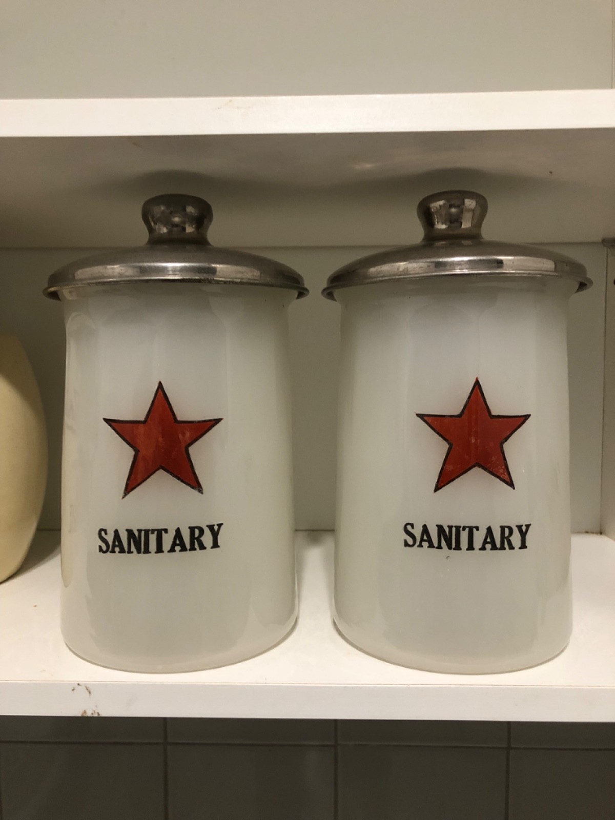 ANTIQUE c.1920 MATCHING PAIR OPALINE BARBERSHOP “NECK STRIP” STERILIZER JARS