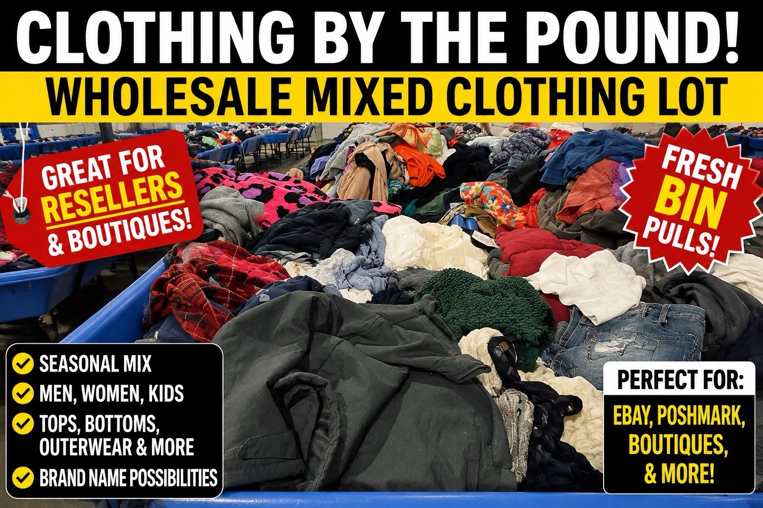 20 LB Wholesale Clothing Lot Reseller Bundle Mixed Brands Fresh Bin Pulls ALWAYS