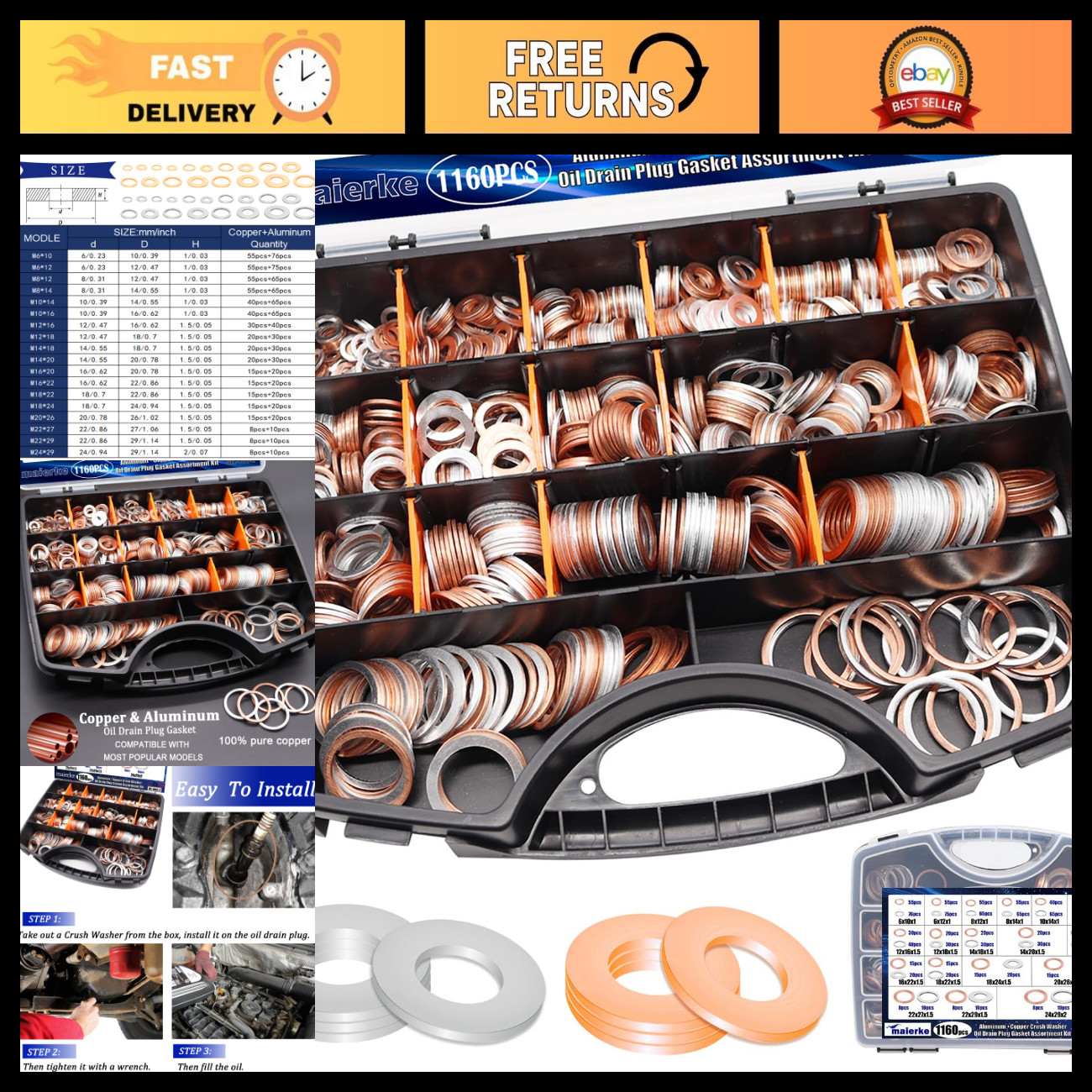 1160PCS Oil Drain Plug Crush Washers Assortment - 18 Sizes Copper & Aluminum Gas 1160PCS Oil Drain Plug Crush Washers Assortment - 18 Sizes Copper & Aluminum Gas