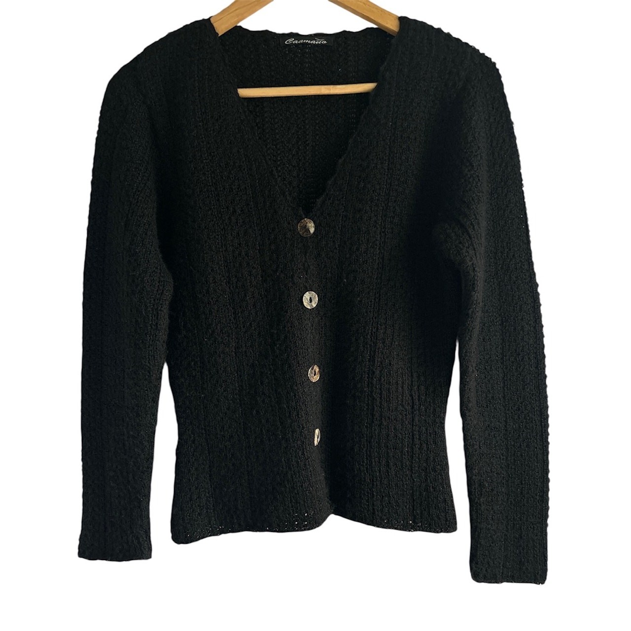 Caamaño Women’s Size Small 100% Alpaca Black Scalloped Neck Cardigan Sweater