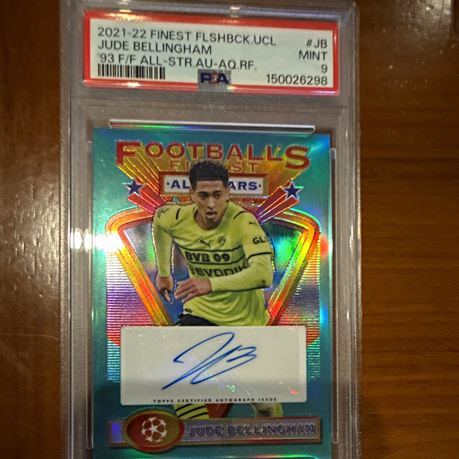 2021-22 TOPPS FINEST FLASHBACKS UCL JUDE BELLINGHAM ASA-JB AQUA AUTO PSA 9 16/30
