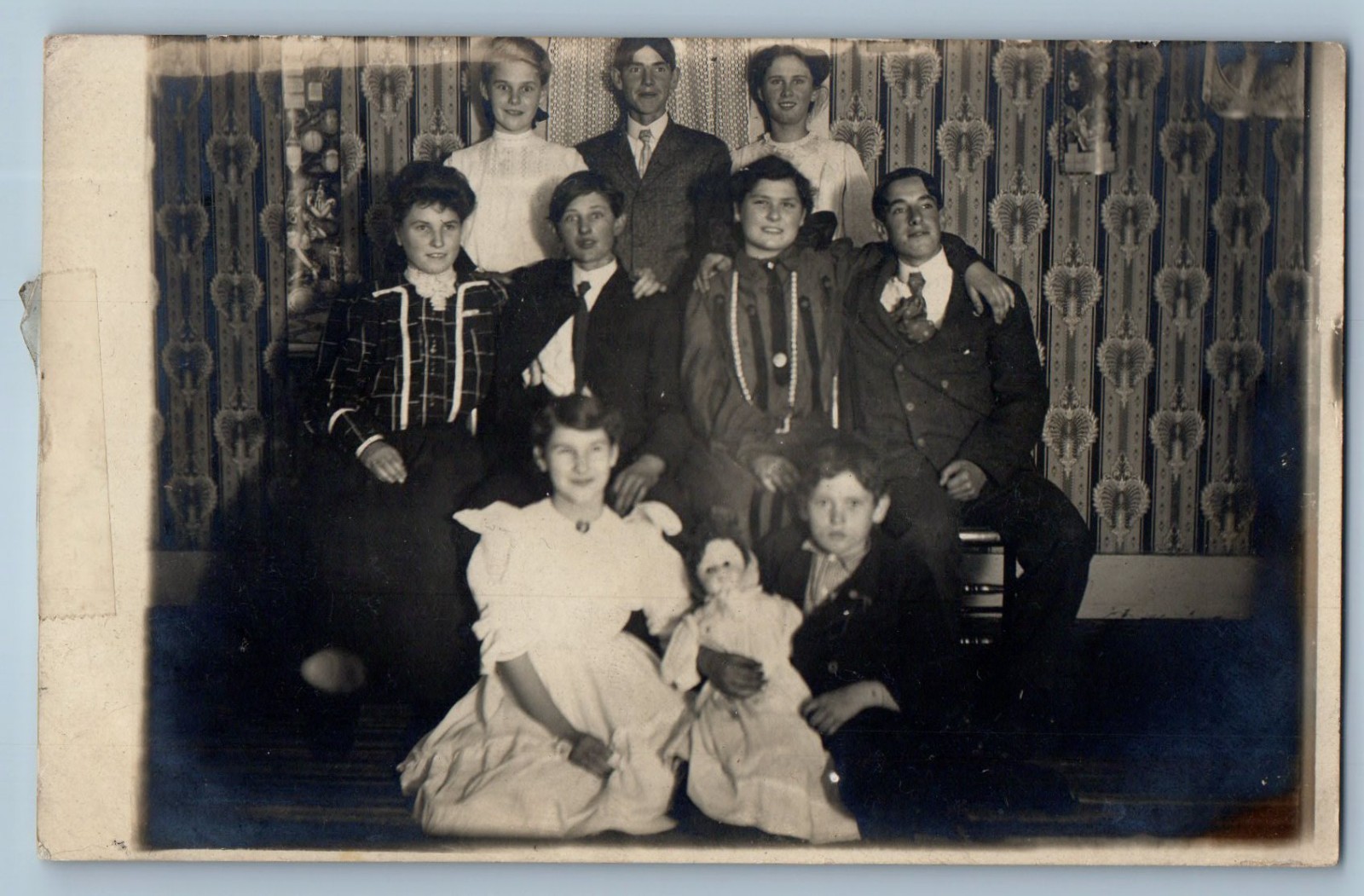 c1910\'s Family Gathering Children Boy With Doll RPPC Photo Antique Postcard c1910\'s Family Gathering Children Boy With Doll RPPC Photo Antique Postcard
