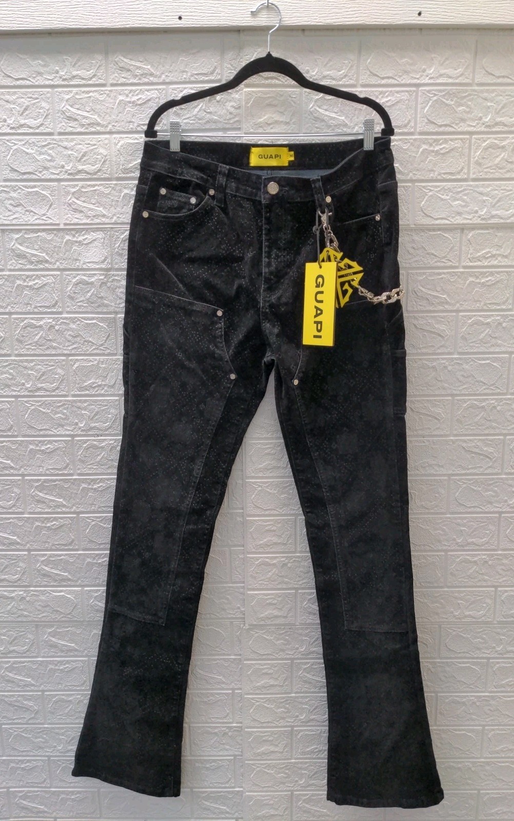 New Guapi All Black Monogram Velour Denim With Chain Sz 36 New Guapi All Black Monogram Velour Denim With Chain Sz 36