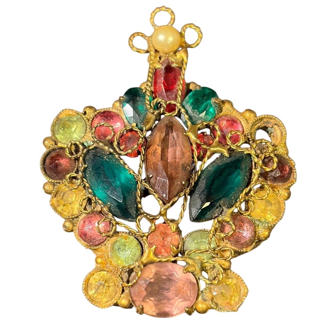 Antique Czech Glass Rhinestone Brooch Multi Color Brass Filigree Crown Pin