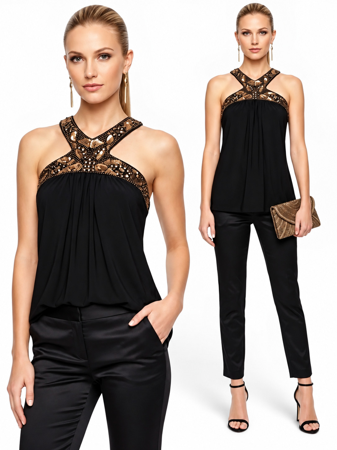 New Cache Women’s XS Black Gold Beaded Sequin Halter Top NWT Evening NWT New Cache Women’s XS Black Gold Beaded Sequin Halter Top NWT Evening NWT